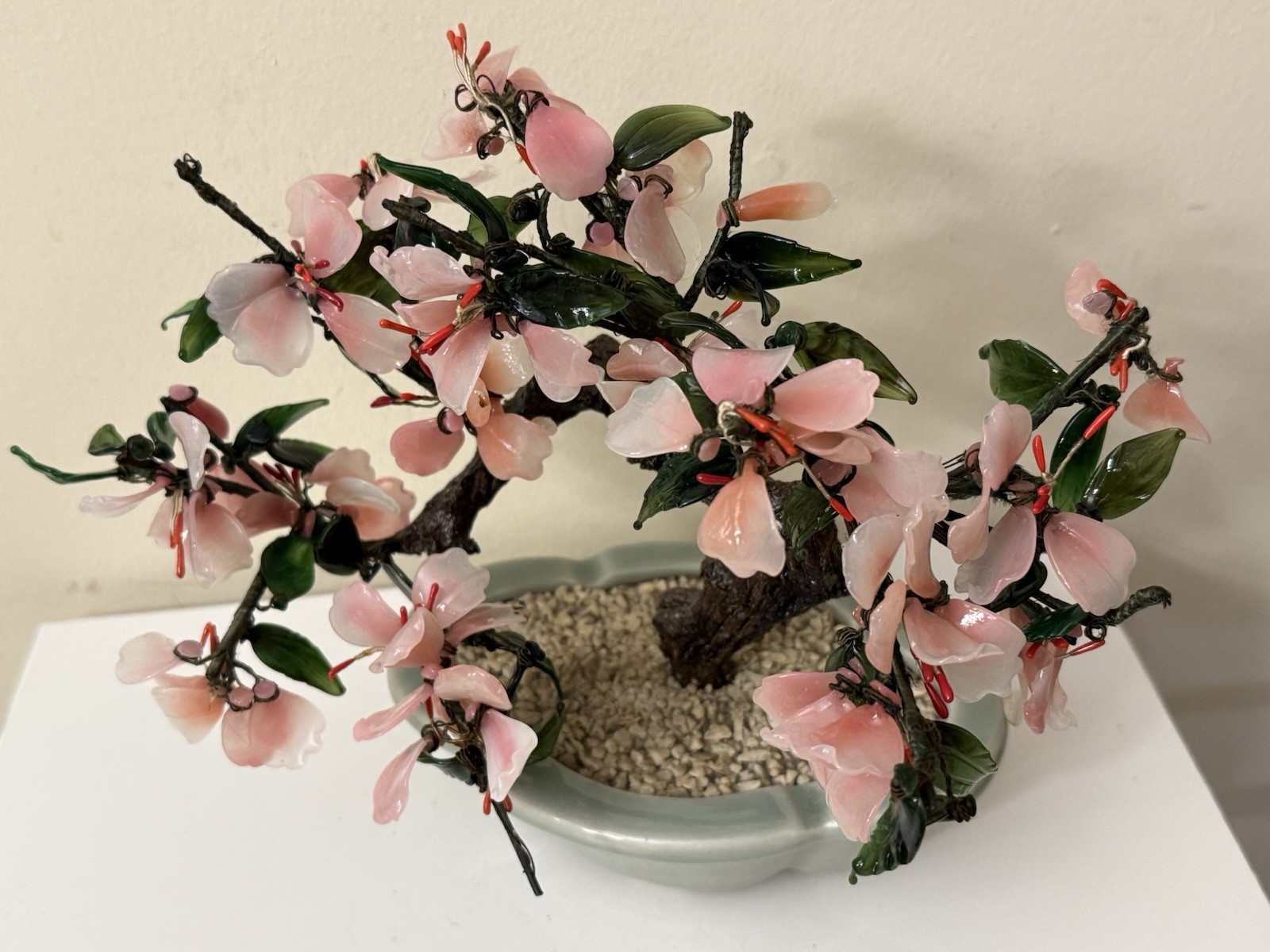 Vtg Asian Jade Glass Flowering Pink Cherry Blossom Bonsai Tree Ceramic Pot 8×9”