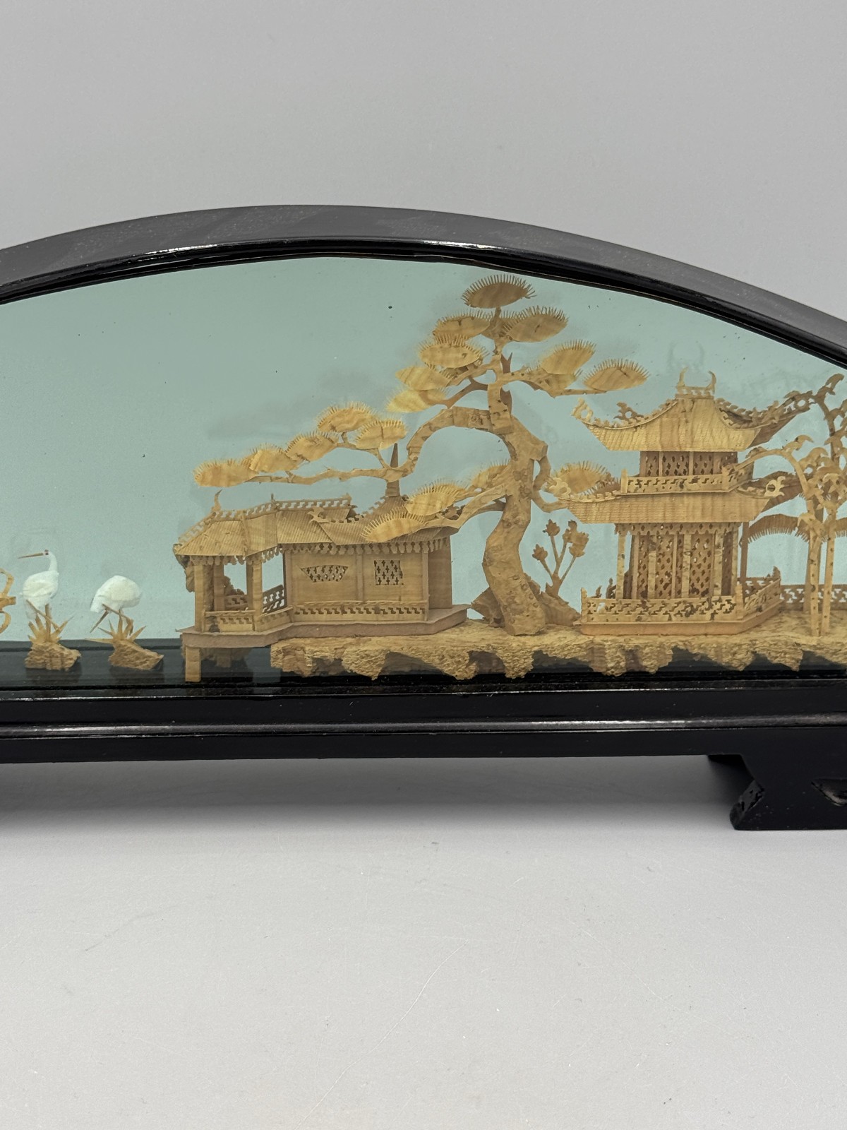 Vintage Chinese Fuzhou Cork Diorama Fan Shaped Black Lacquer Frame Pagoda 14”