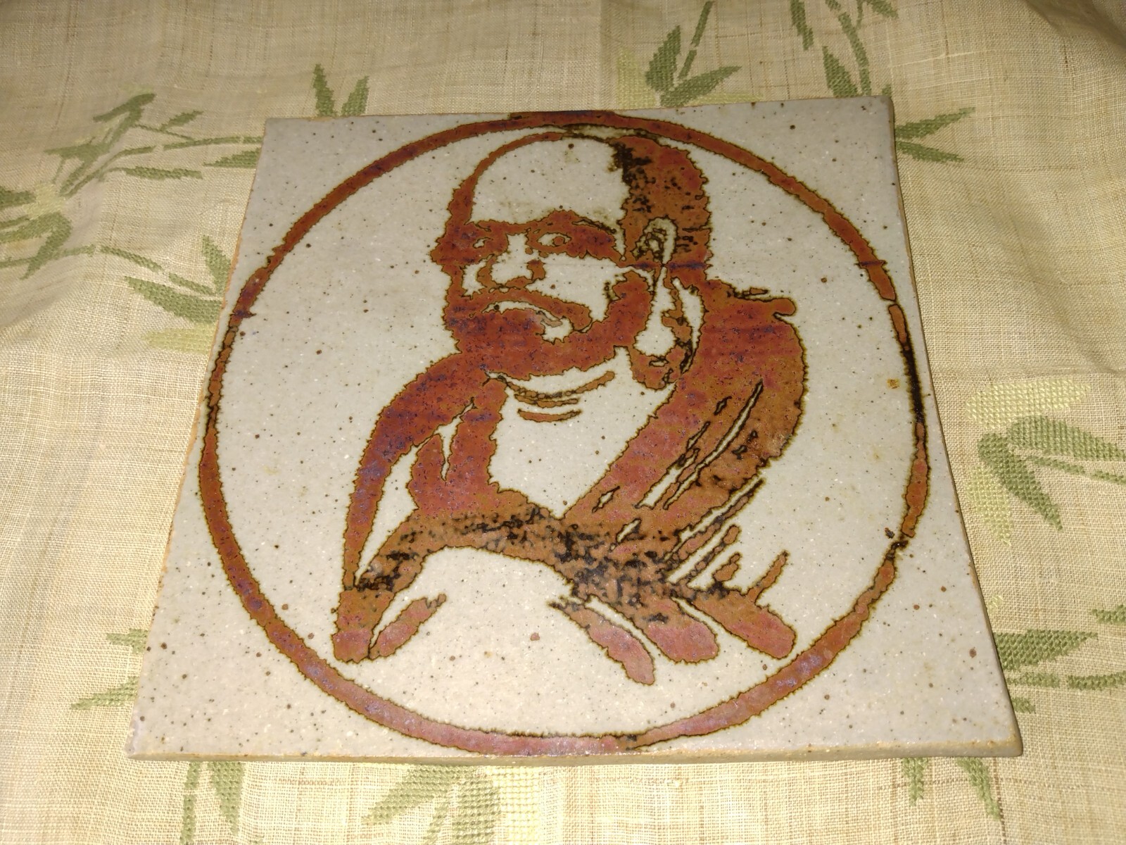 Vintage Chinese Tile Bust Art Zen Master Bodhidharma Buddhist Monk 6.5″ x 6 1/4″