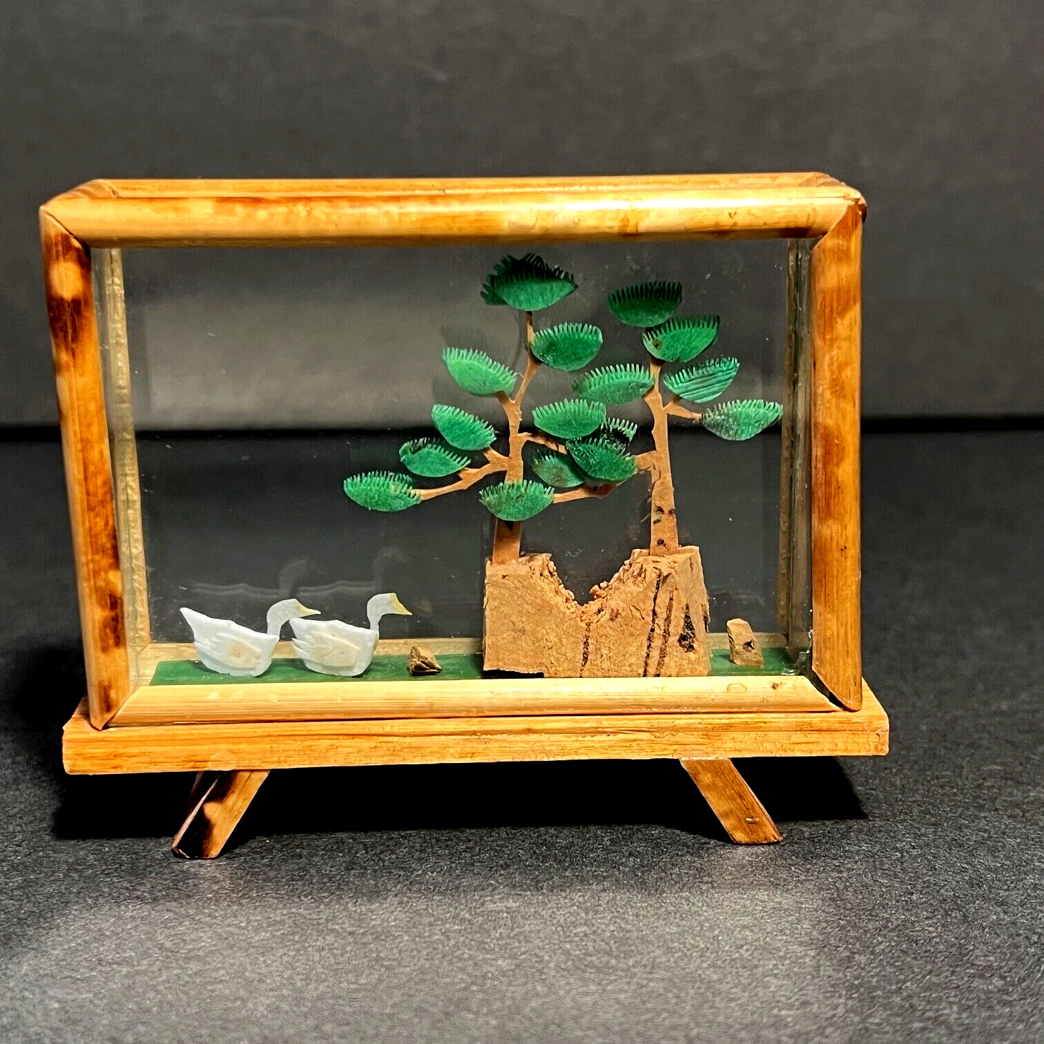 Vtg Small Chinese Carved Cork Diorama Trees Swans Rocks 3D Glass & Bamboo Case