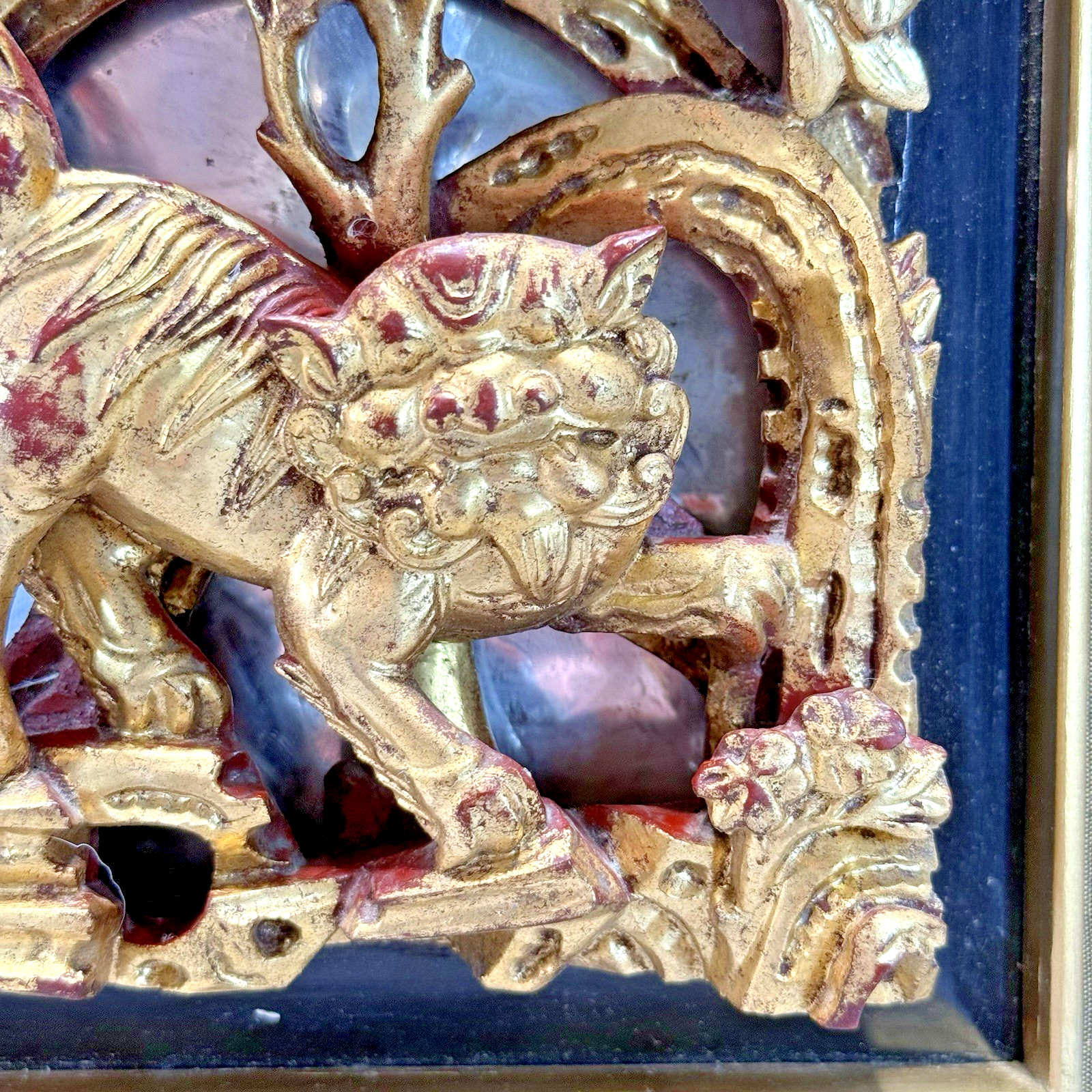 Hand Carved Antique Gilt Wood Panel from Peking 1830 Lion or Foo Dog Framed