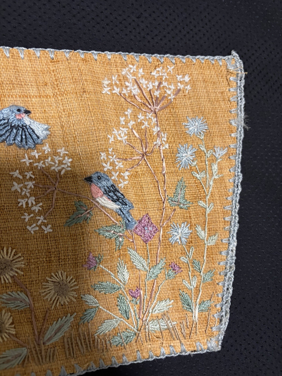 Antique Asian Embroidered Burlap Blue Bird Floral Panel 11″ Micro Bead Hemstitch