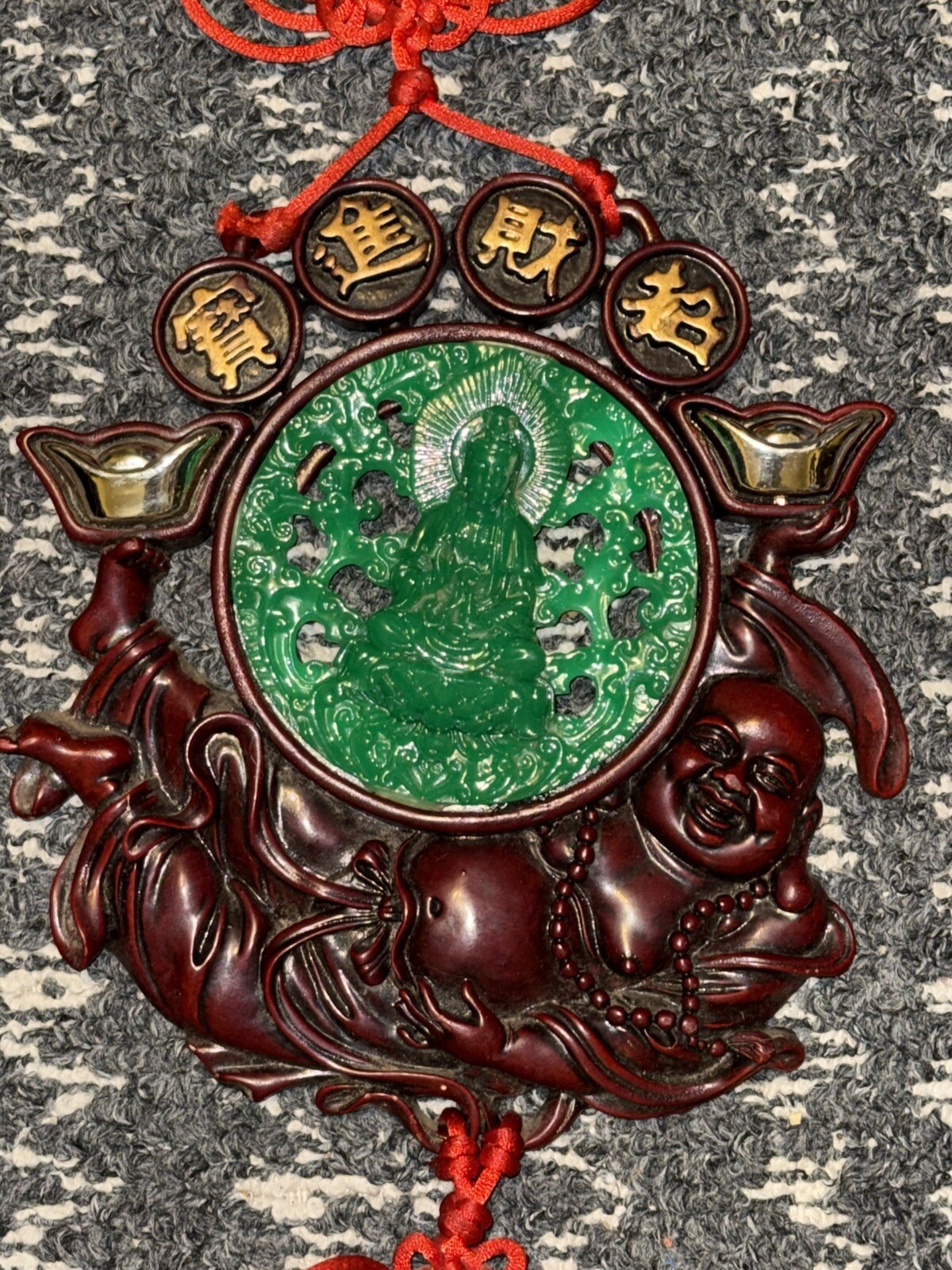 Vtg Chinese Culture Red Knot Happy Buddha Resin Green Faux Jade Wall Hanging