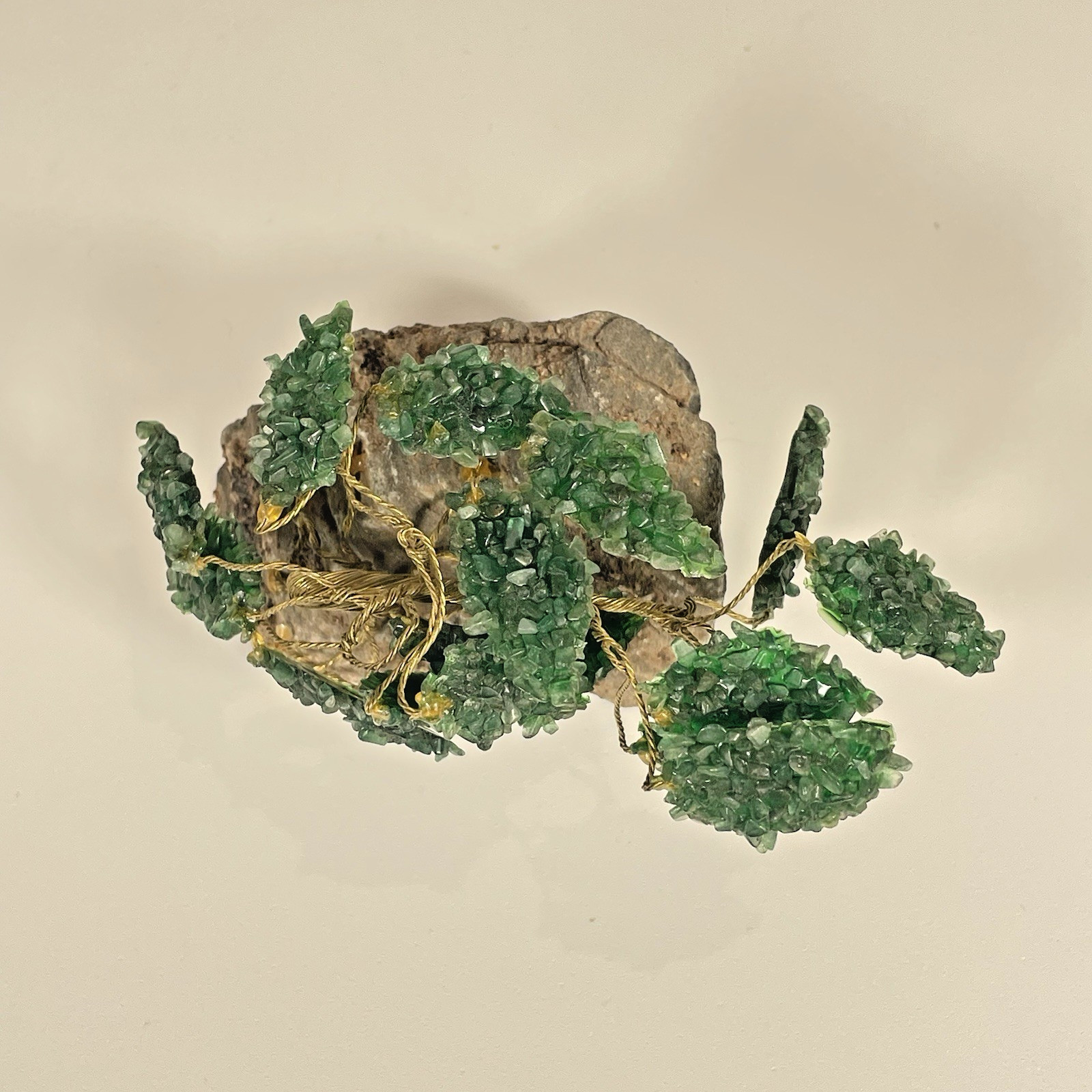 Vintage Green Crystal Bonsai Tree Sculpture Copper Wire on Natural Stone Base