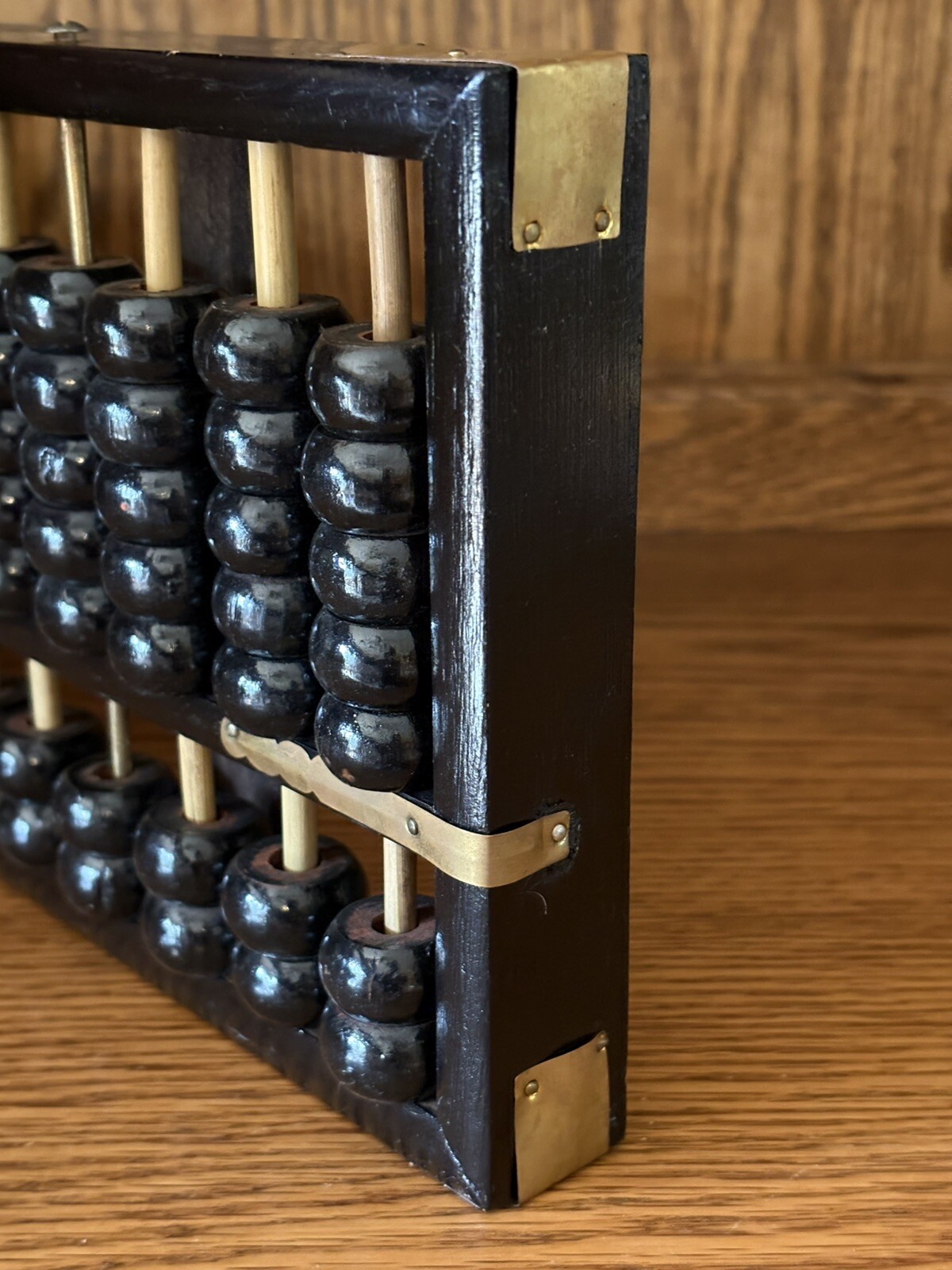 Vintage Zhejiang Chinese Black Wooden Abacus 13 Rods 91 Beads Brass Accents GVC