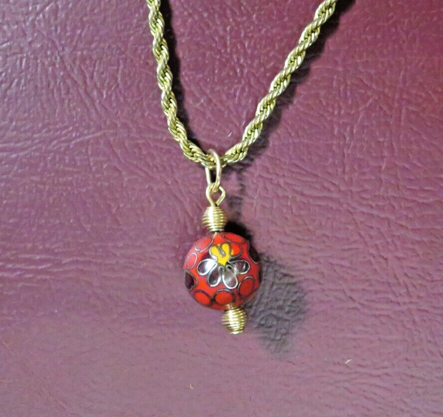 Vintage Asian Style Necklace w/ 17″ Braided Chain and Red Cloisonne Pendant