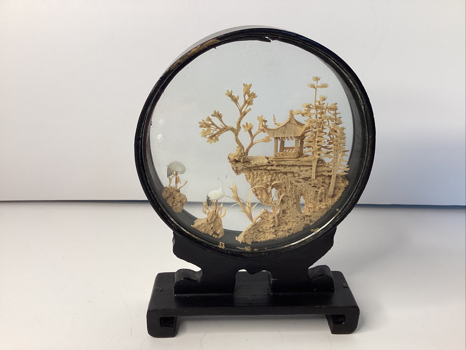Vintage Hand Carved Cork Wood Diorama Under Glass Pagoda Cranes 4”