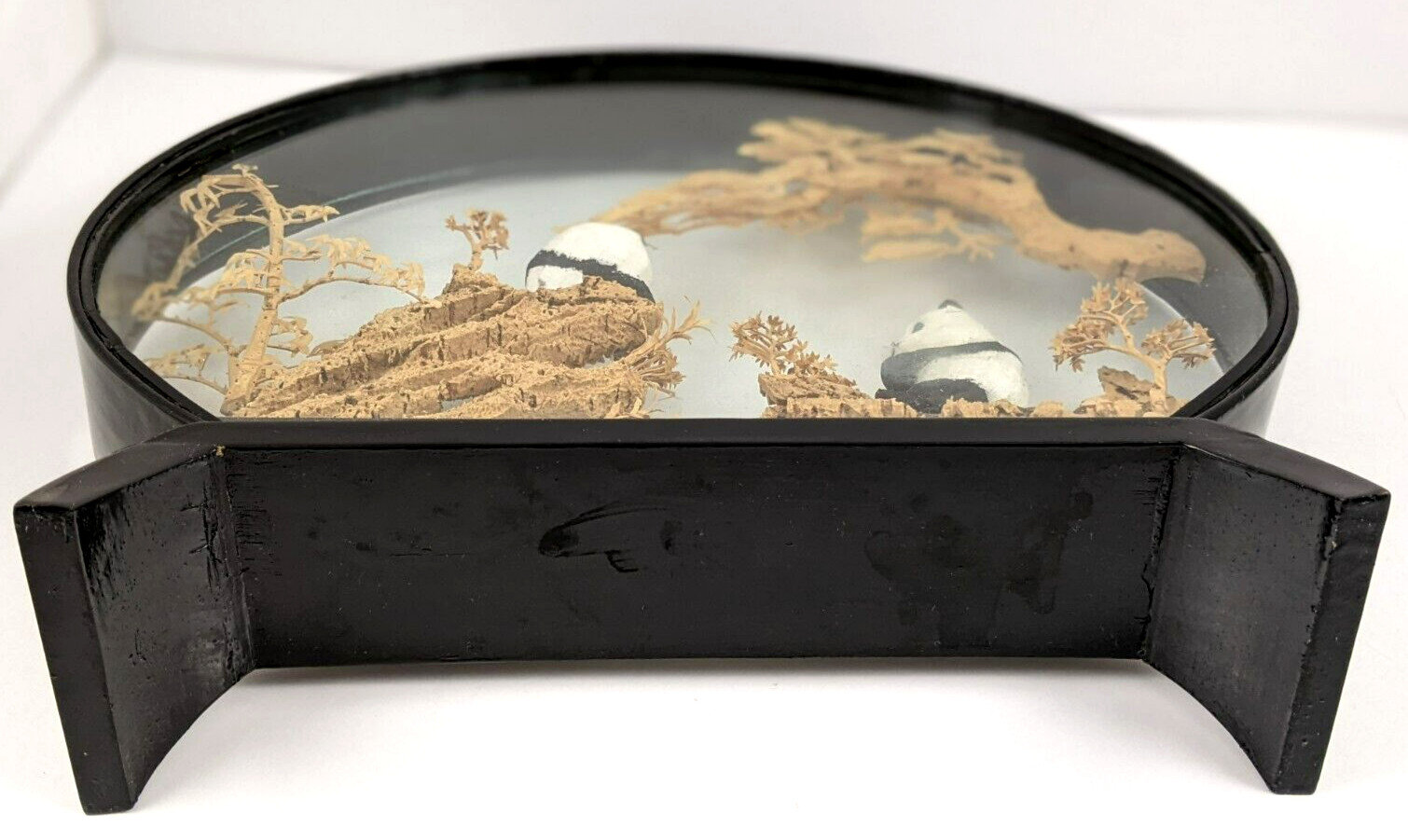 Chinese Oval Diorama Panda Bears Hand Carved Cork Trees Scene Lacquered Frame