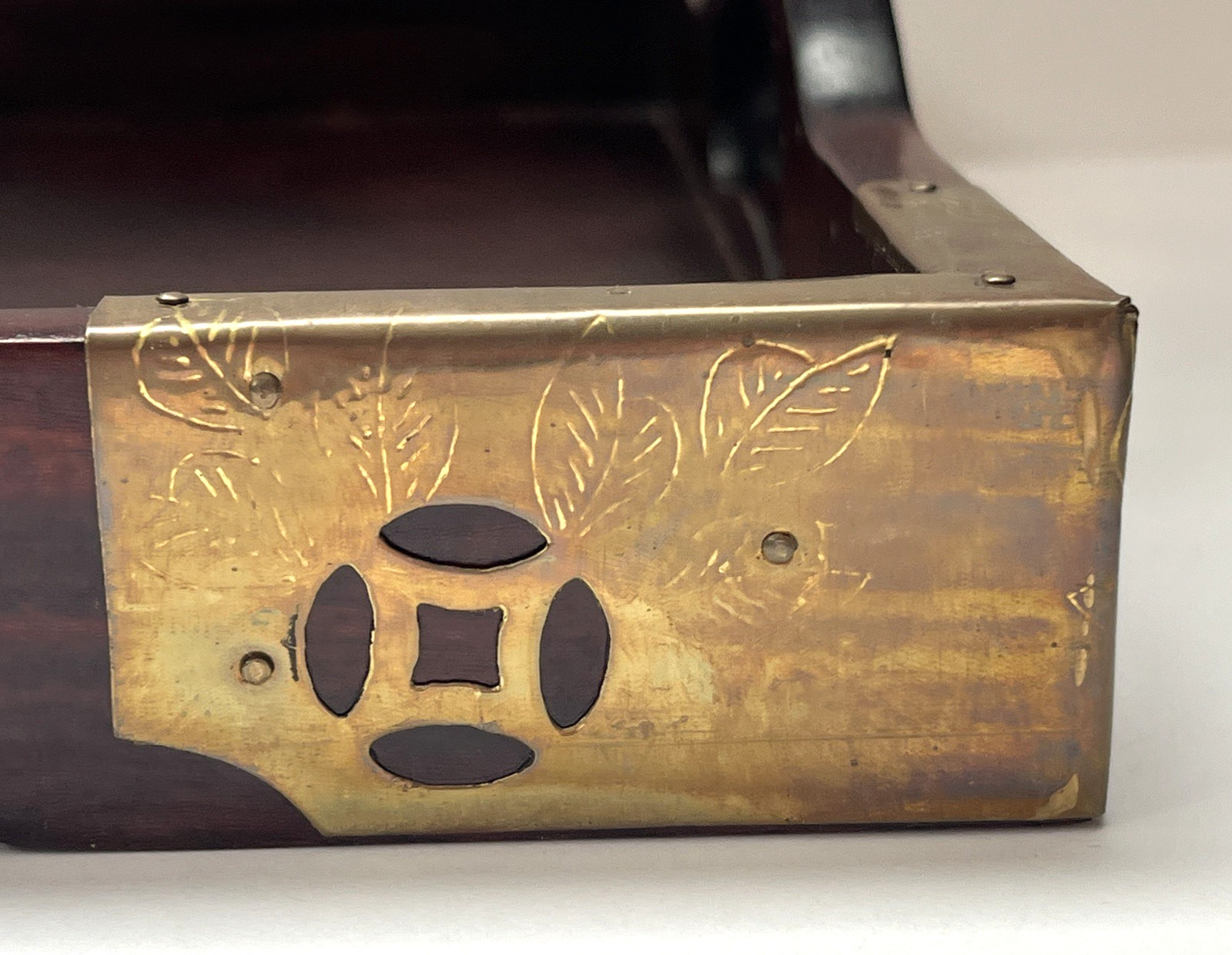Vtg Chinese Hand Crafted Hardwood Tray w/ Etched Brass Motif Career Prospects