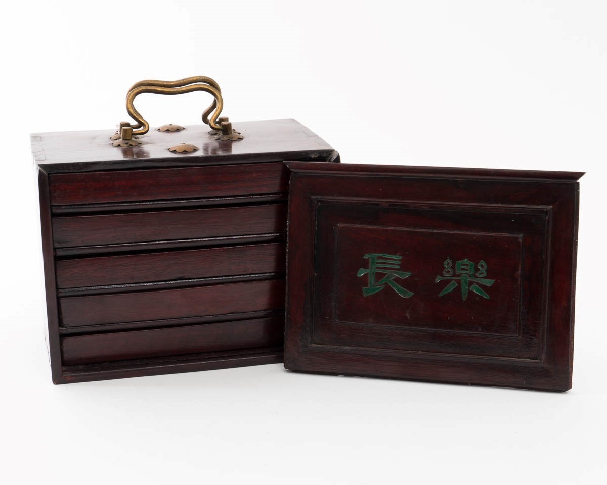 Antique 1920s Chinese Mahjongg Game Set Wood Case with Drawers 120 Painted Tiles