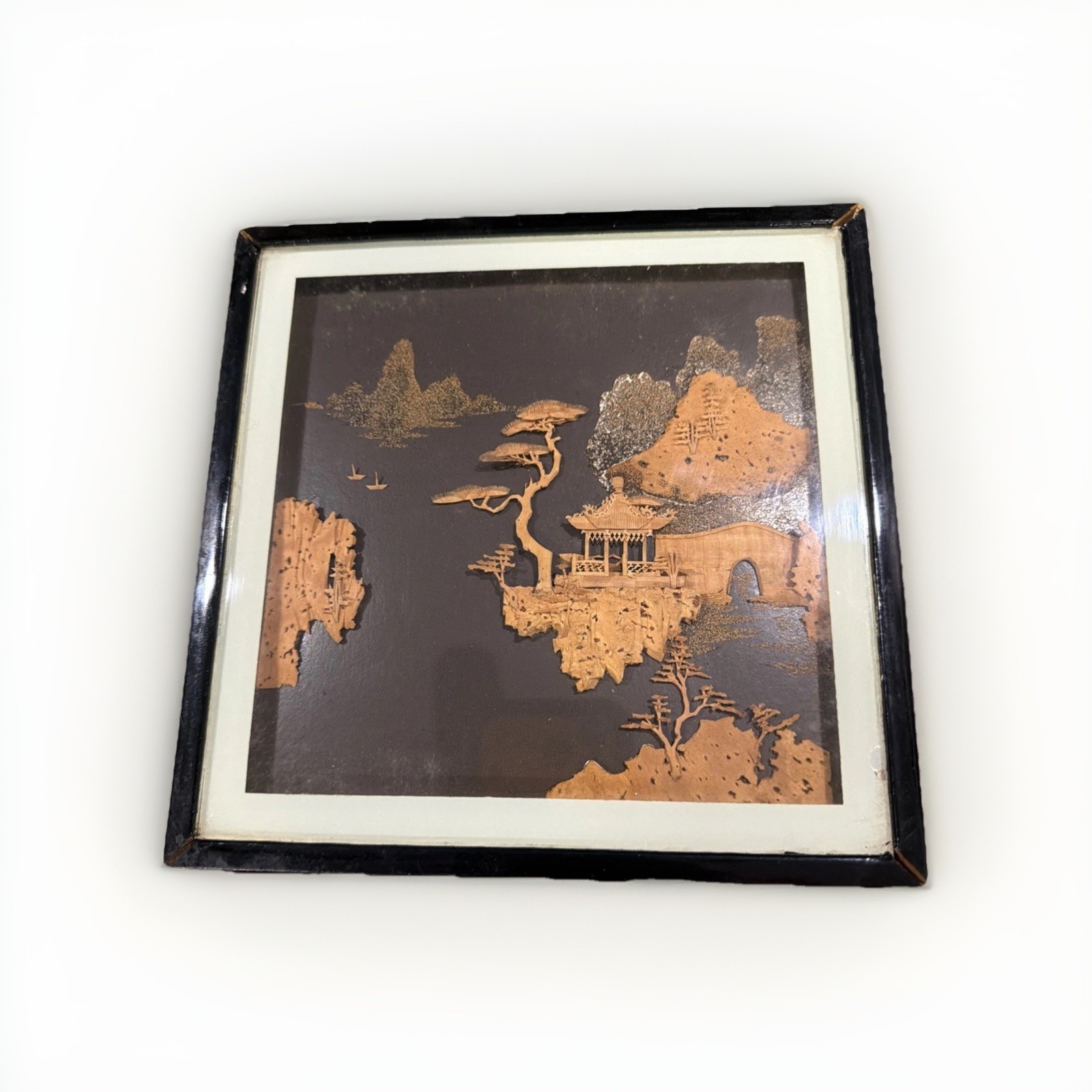 Vintage Asian Chinese Hand Carved Cork Art Diorama Pagoda 3D Framed