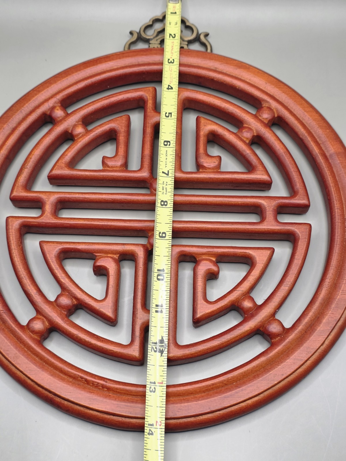 Hand Crafted Rosewood Chinese Symbol Shou Longevity Brass Accents Wall Hanging