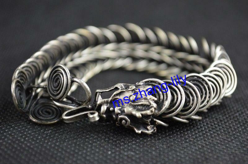 Collection Zodiac Lucky Dragon Bracelet Chinese Tibet Silver Carved Animal Exqui