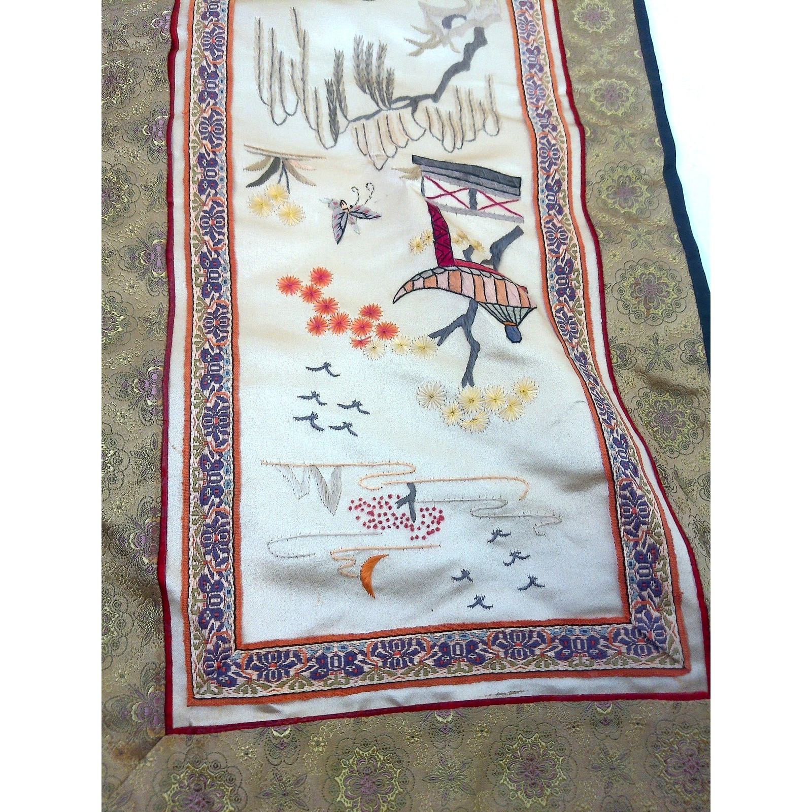 Vintage Chinese Hand Embroidered Silk Window Panel