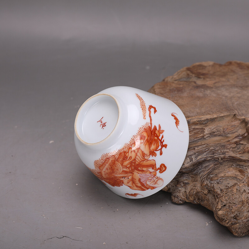 3.6″ Collect China Qing Porcelain Alum Red Longevity God Deer/Bat Cup ‘玩玉’