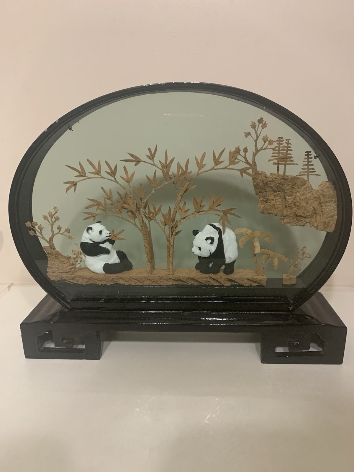 Panda Bear Vintage Collectible San You cork carve Art 3D Diorama in glass frame