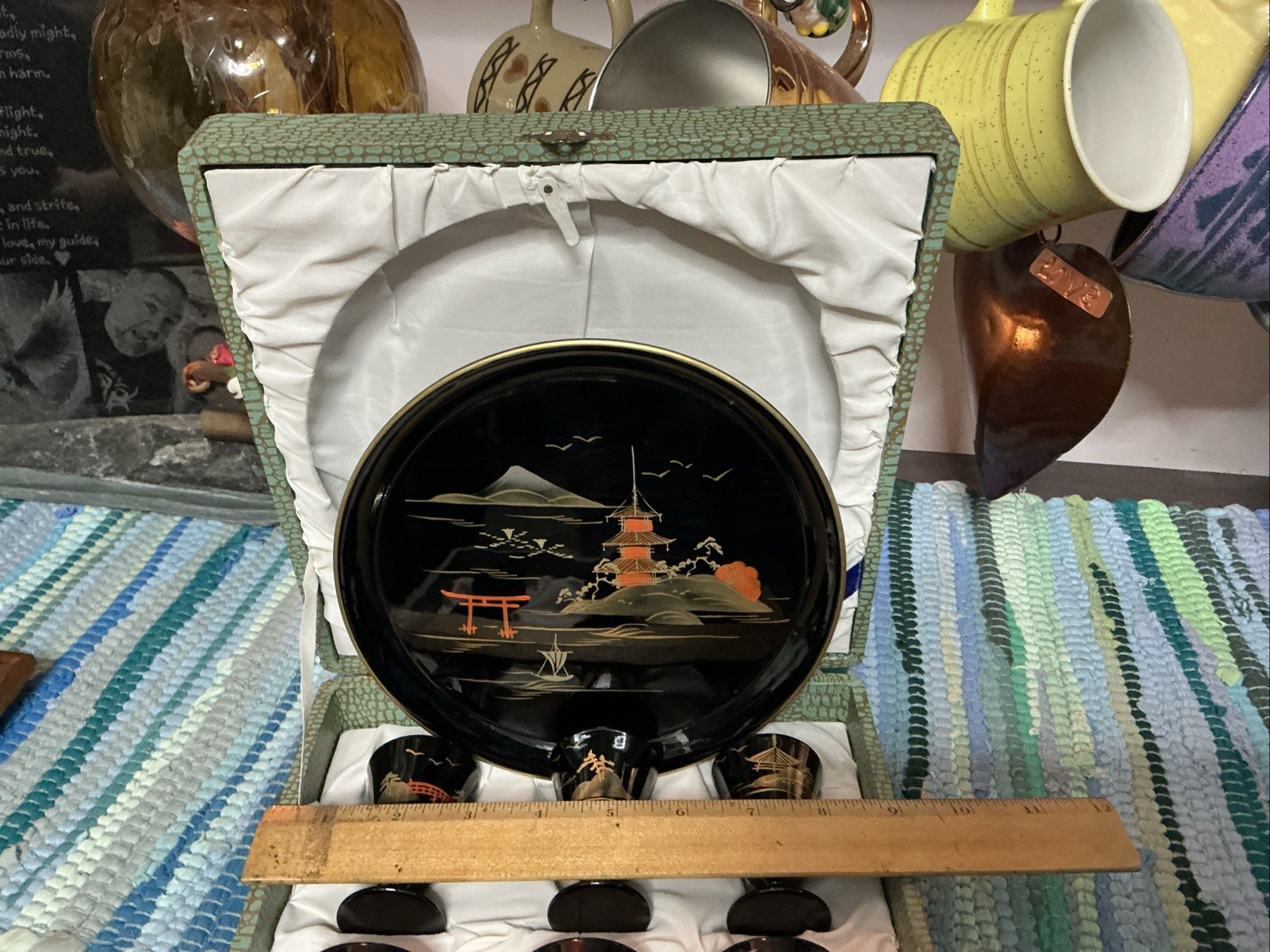 VINTAGE 1940s ASIAN BLACK LACQUER WOOD PLATE & CORDIAL SET UNIQUE