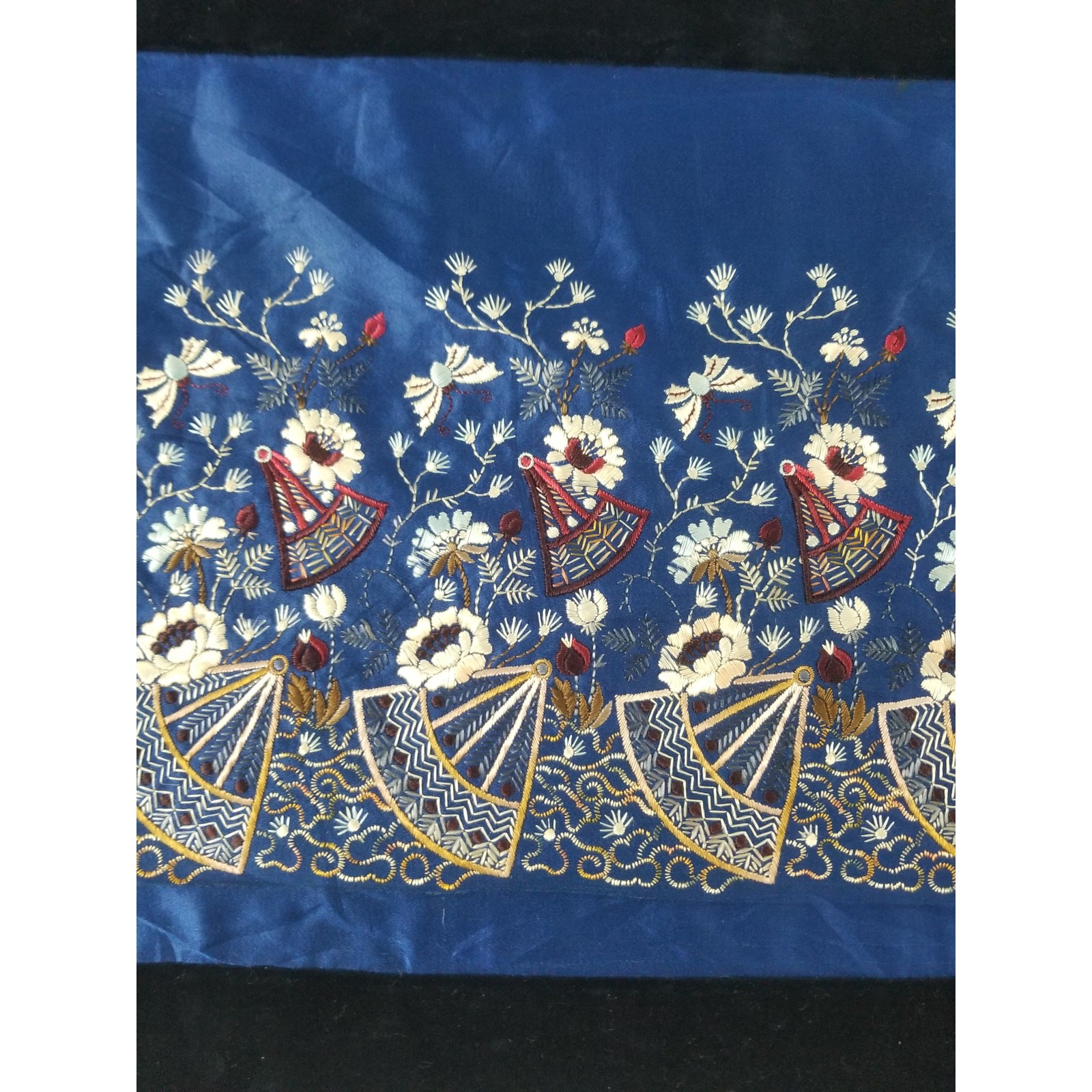 Vintage Chinese Hand Embroidered Floral & Botanical Silk Panel 86x18in