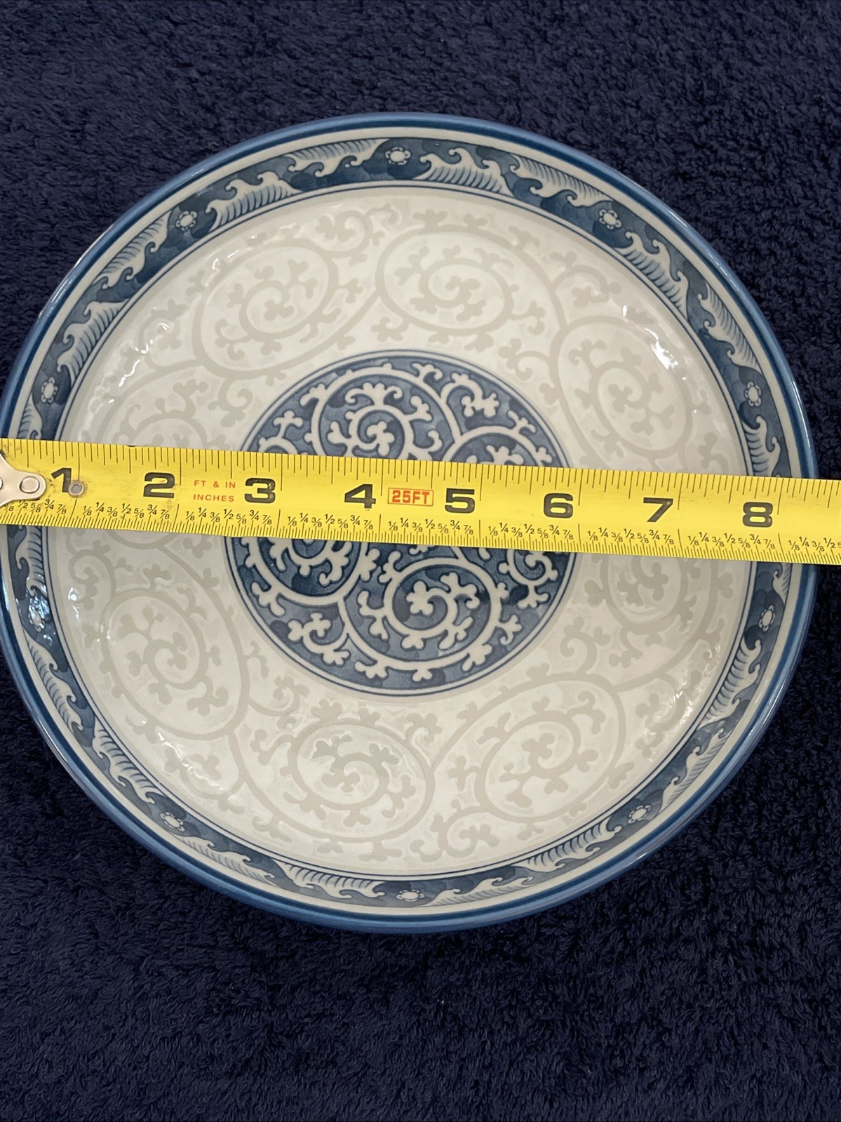 KARAKUSA SEIGAIHA Japan Arabesque Blue Pattern Shallow Bowl, 8.50”