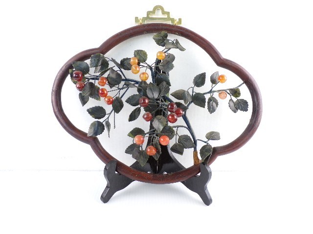 Vintage Chinese Jade Agate Stone Flower Wall Plaque Wood Frame 13″