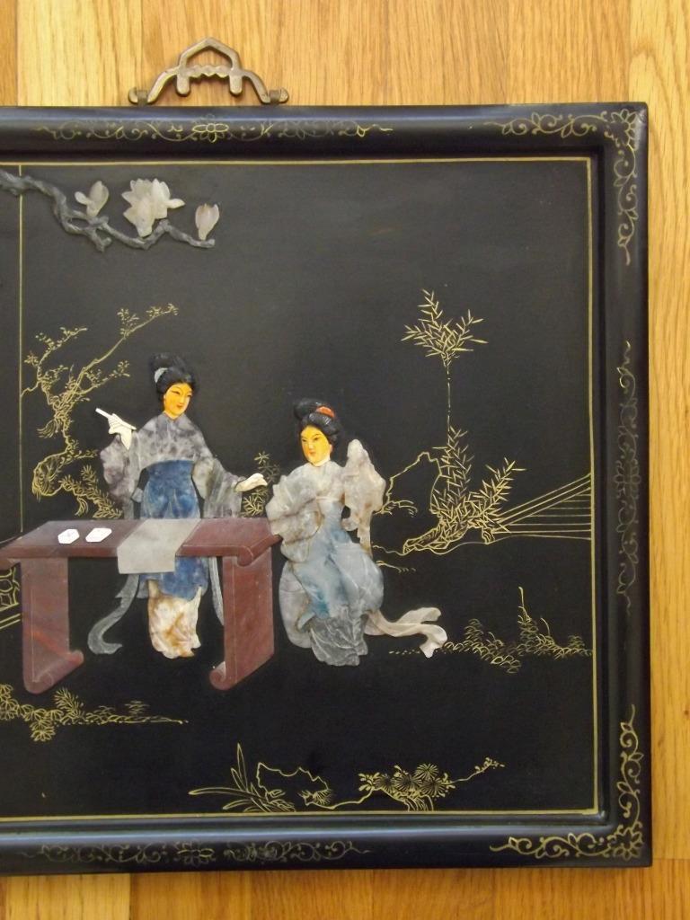 2 Asian Oriental Lacquer Mother of Pearl Wall Art Panels 14″ x 16″