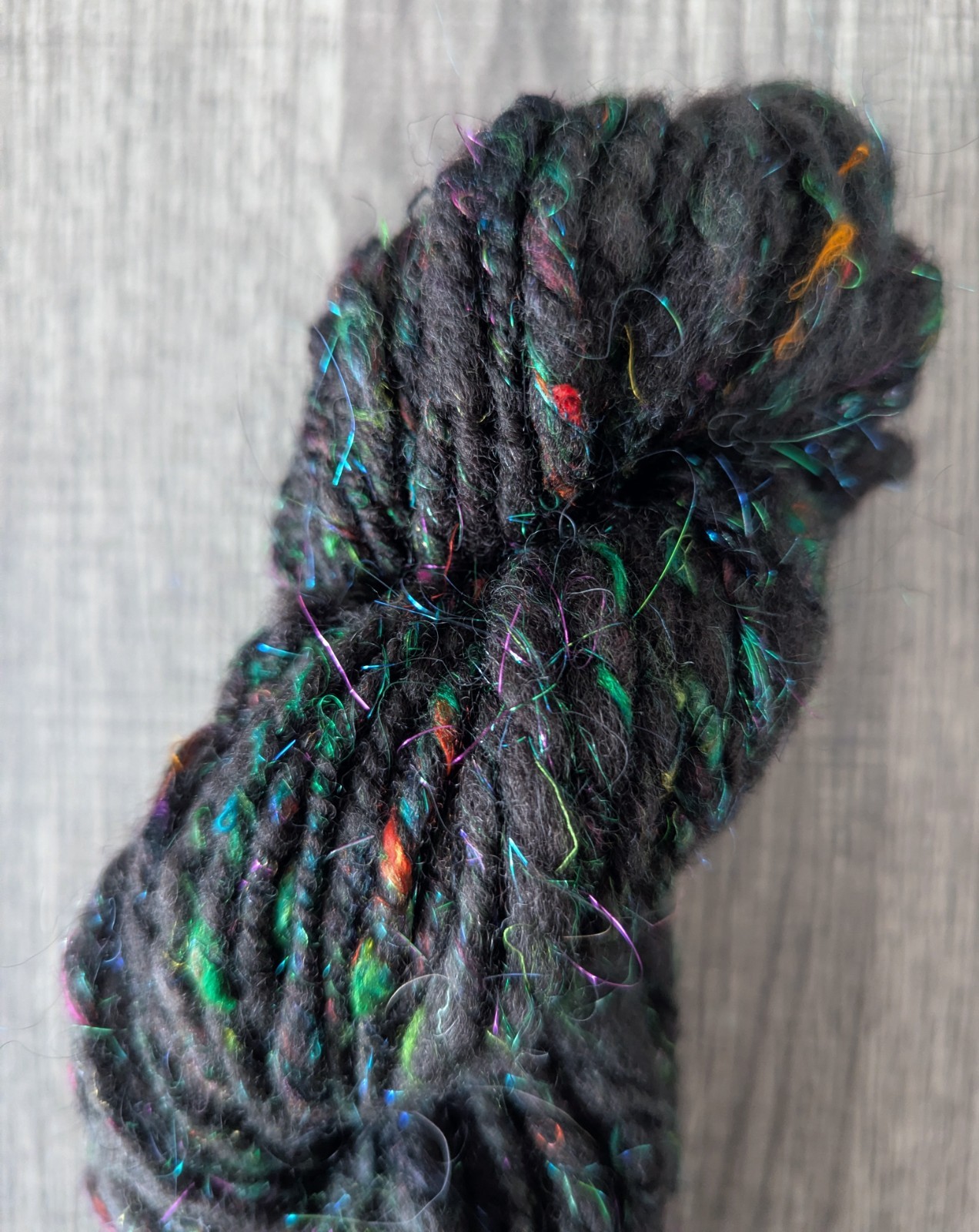 Hand spun art yarn textured bulky Black Saori weave knit crochet felt craft