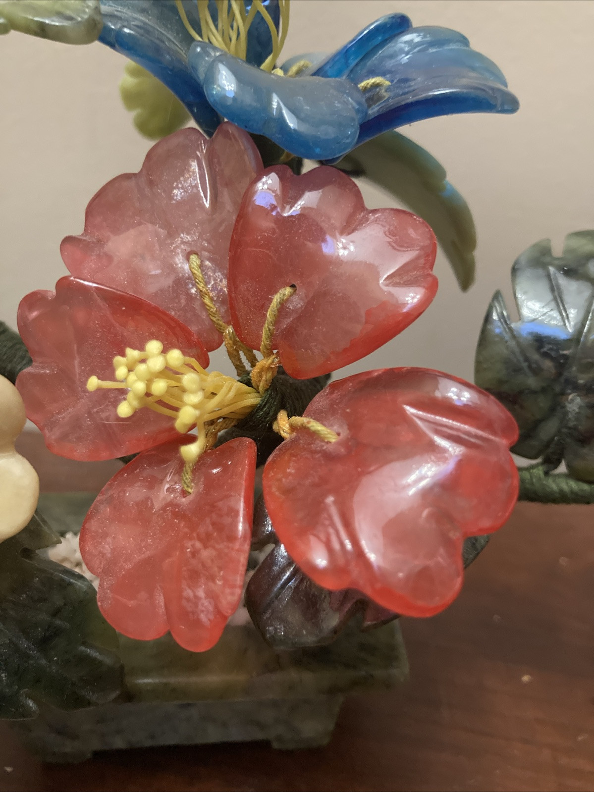 VTG Japanese Chinese Oriental Asian Jade Glass Flowering Bonsai Tree Celadon Pot