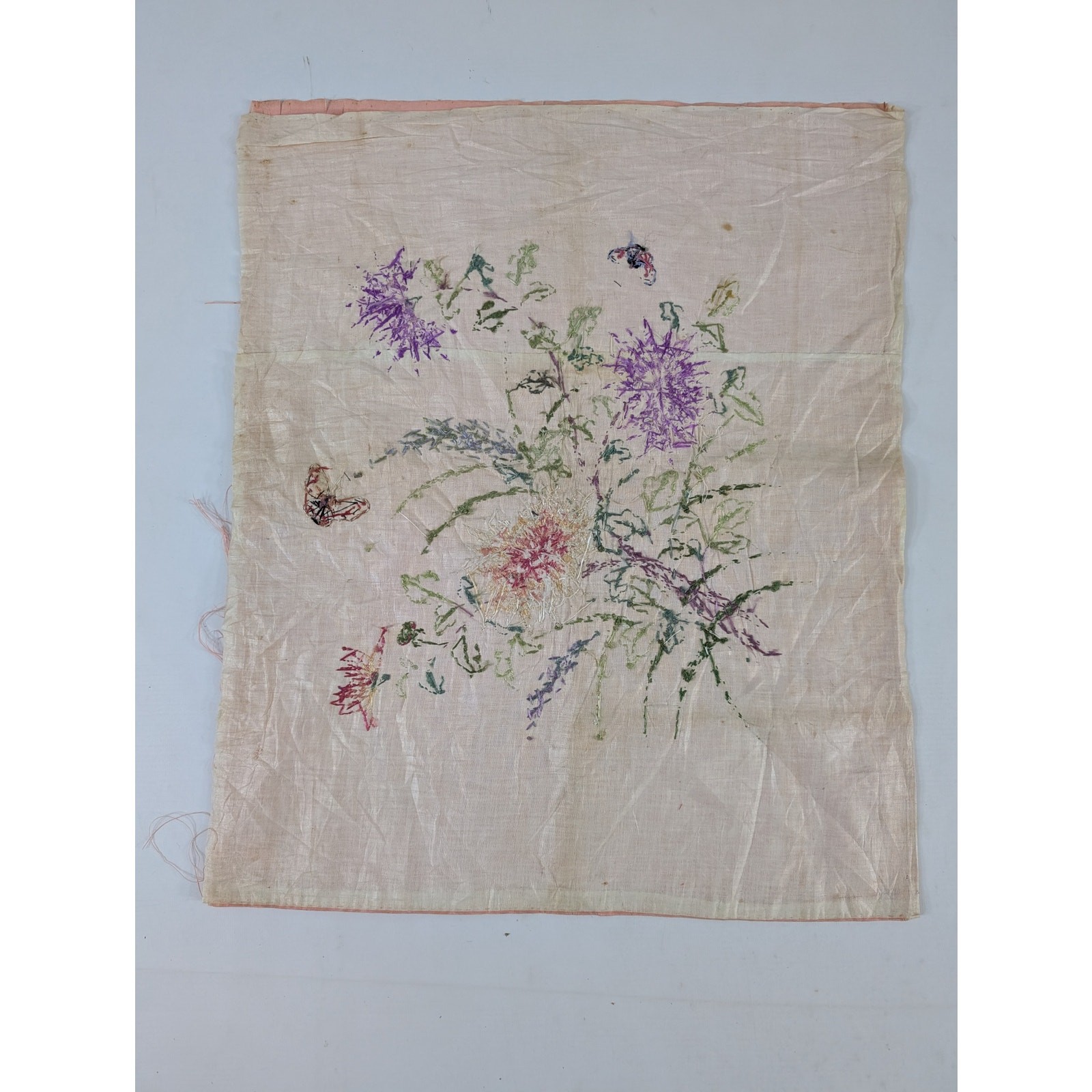Vintage Chinese Hand Embroidered Floral & Butterfly Silk Textile 23x18in