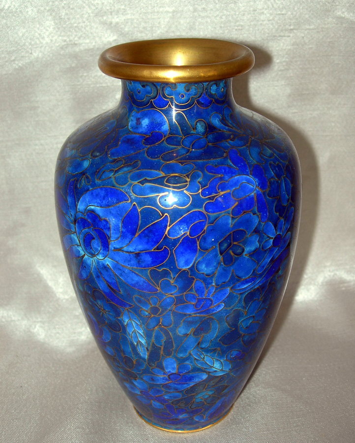 Beautiful Vintage Cloisonne Asian Vase Cobalt Blue Flowers 6.5″ Elegant!