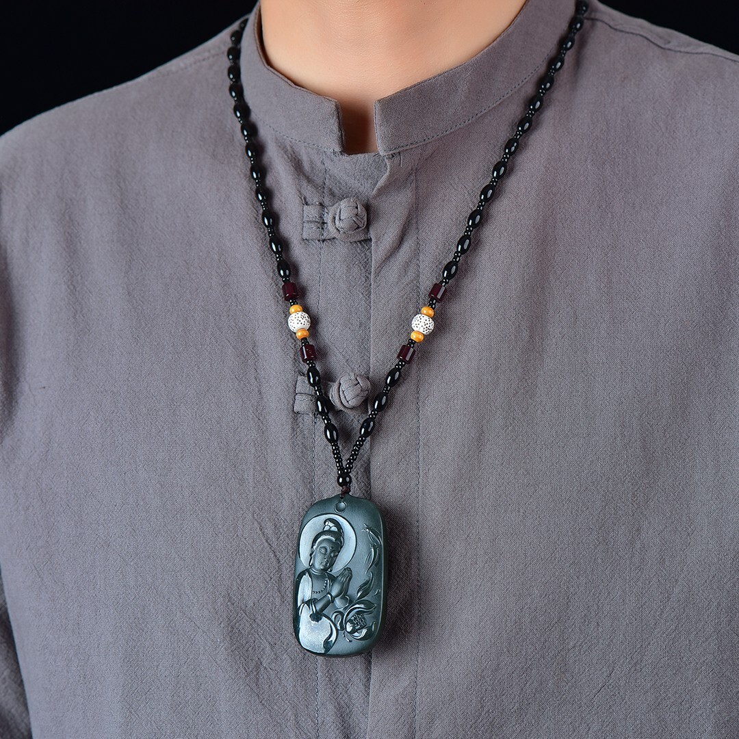Chinese Hetian Gray Jade Hand Carving Buddhism Lotus Flower Kwan-yin Pendant