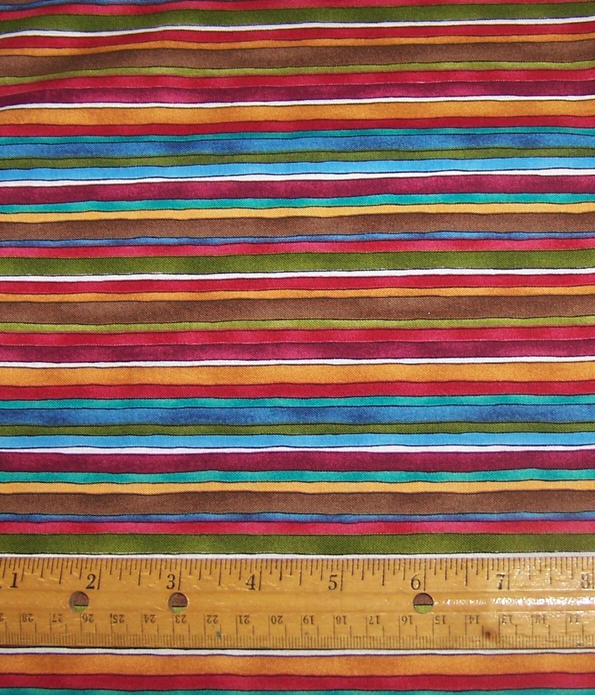 1 yard of RED BLUE RUST BROWN TURQ GREEN WAVY STRIPES on 100% Cotton