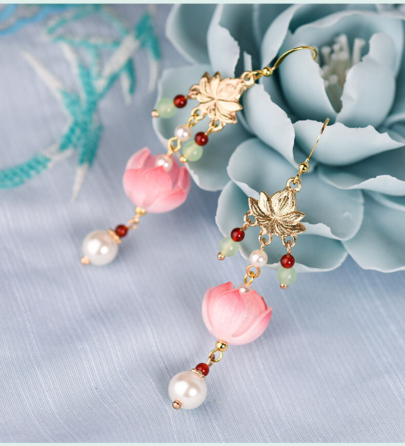 China Agate/Coloured Glaze/Pearl Lotus Flower Tibetan Style Earbob Earrings