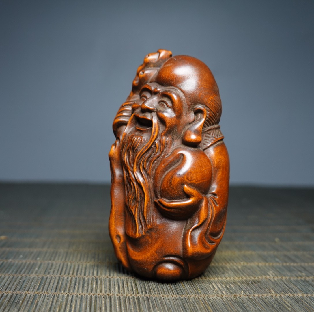 3.1″ Collect China Box-wood Carving Buddhism Longevity God Statue