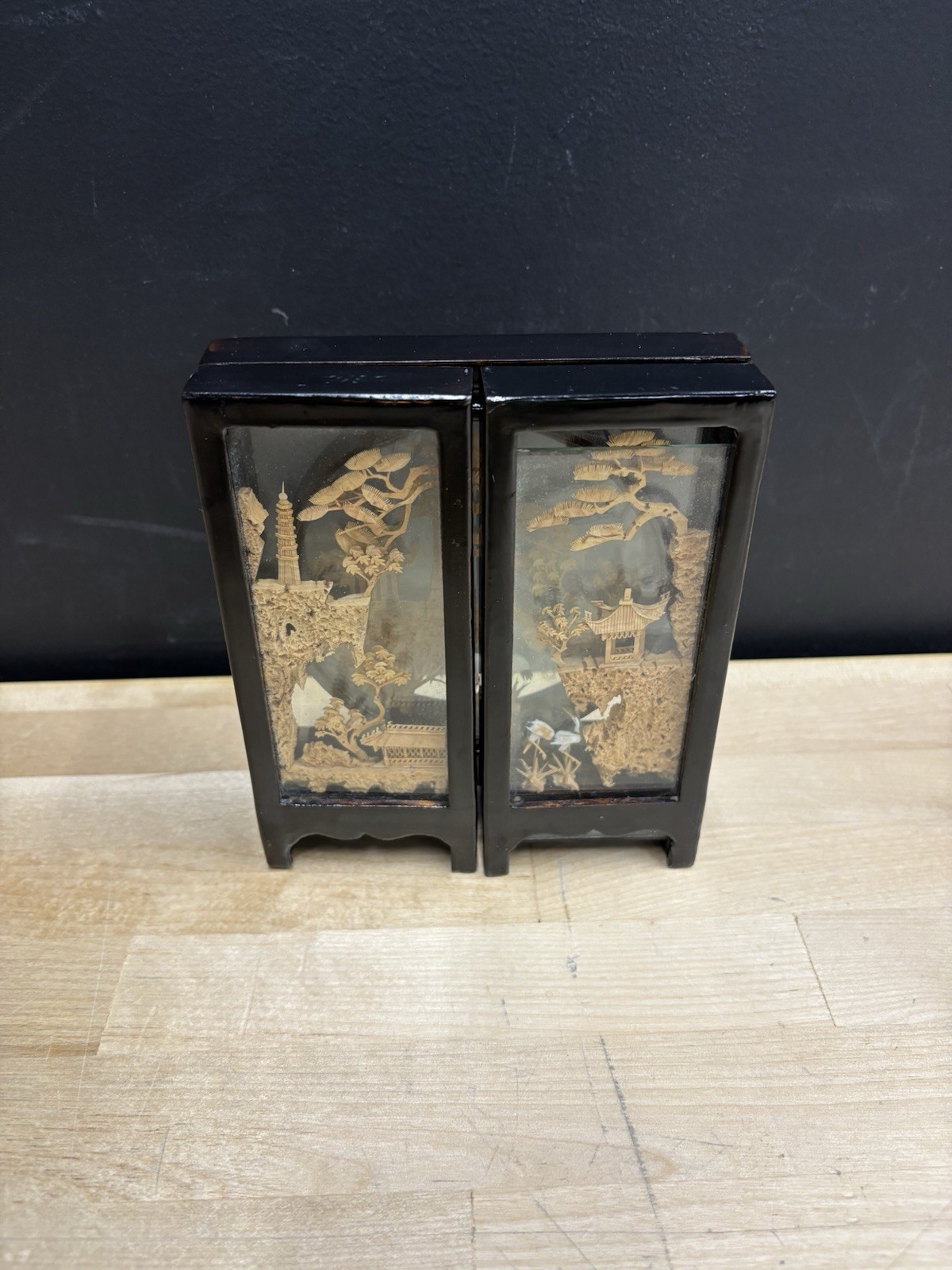 Vintage Chinese Cork Art Hand Carved Tri-Fold Diorama Box Pagoda Trees Cranes