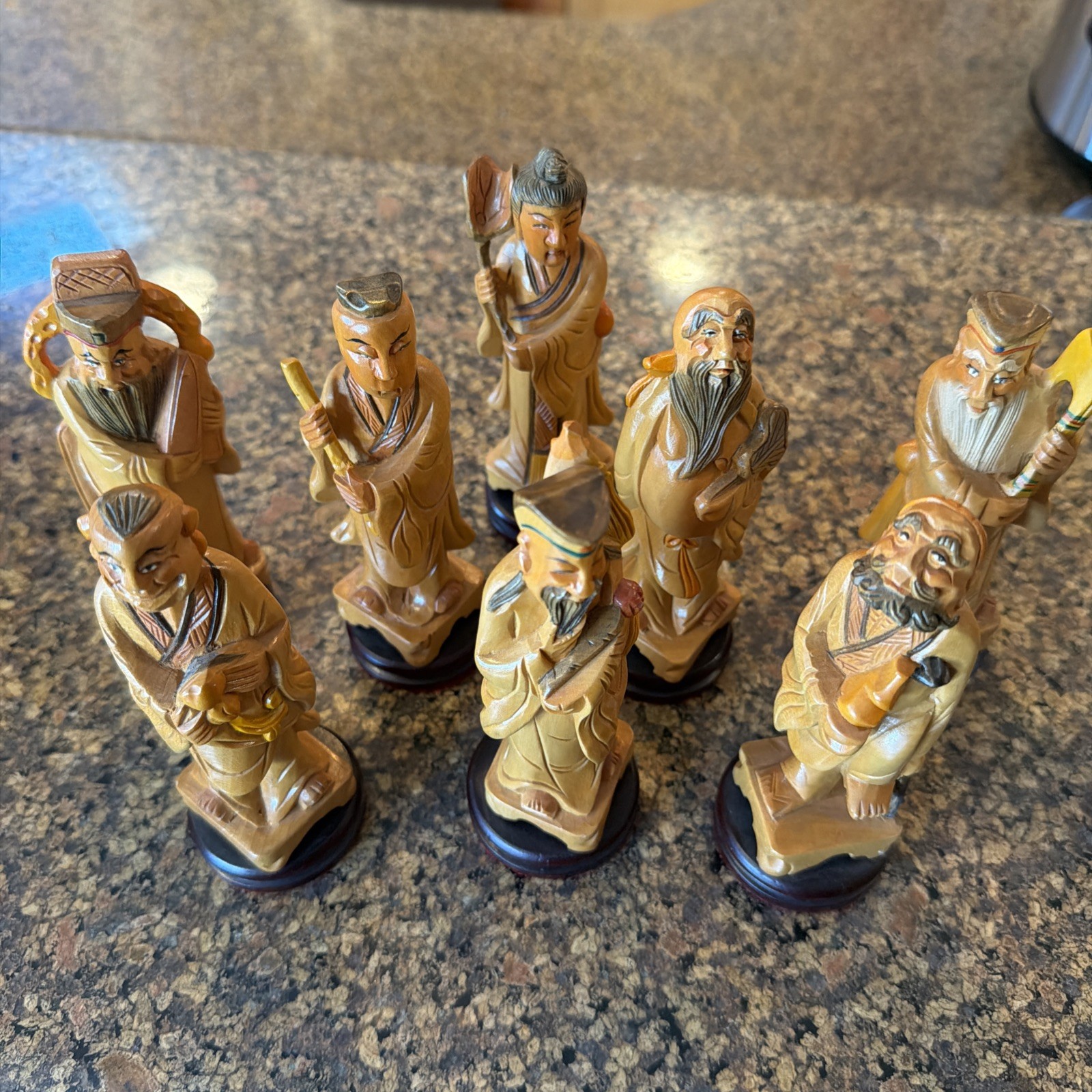Vintage Chinese Eight Immortals Carved Boxwood Set Republic Period