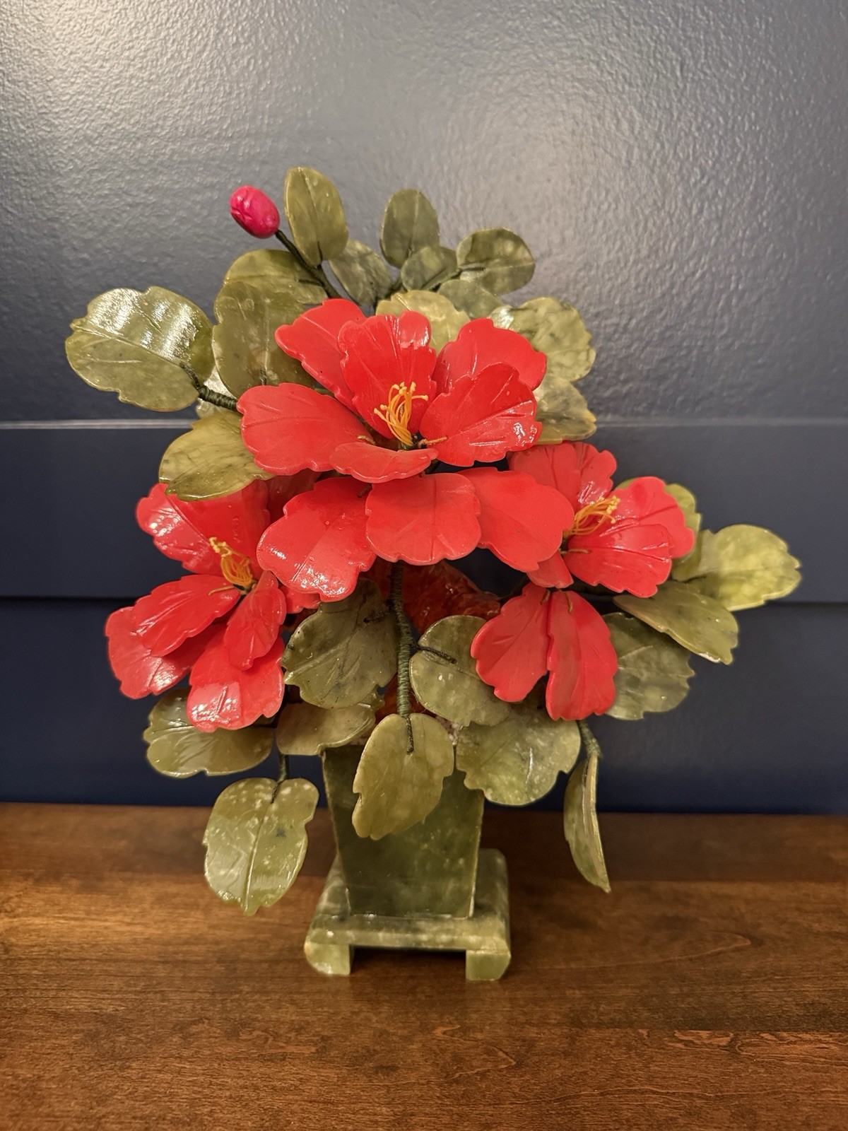 Vintage Jade Bonsai Tree Carved Red Hibiscus Flowers High Blossom 12.75” Tall