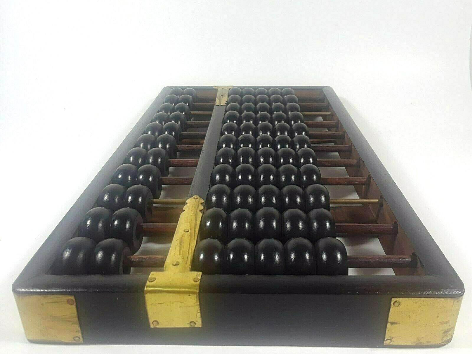 Vintage Abacus -11 RODS 77 BEADS Wood Black Painted Brass Accents Hong Kong