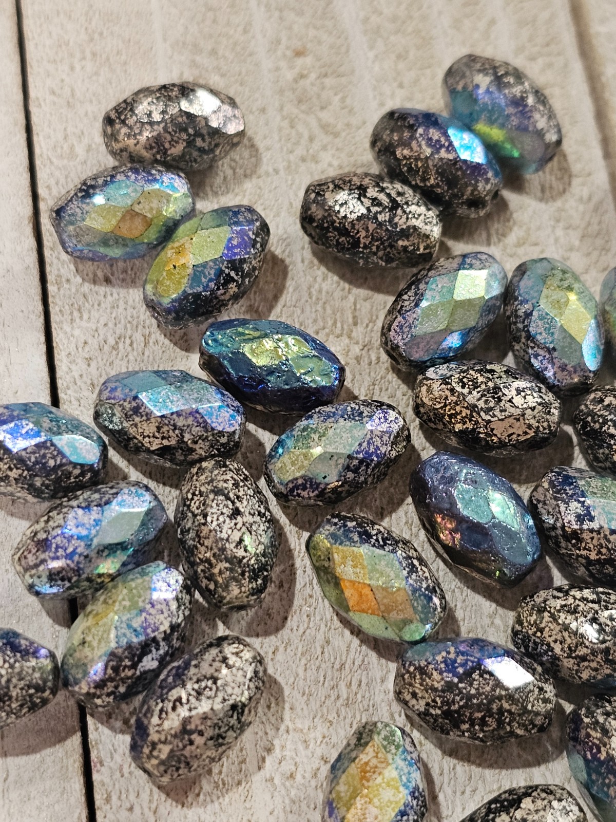 Faceted Rice 12x8mm Black Silver Rainbow Czech Beads Jewelry Making Supplies RBS