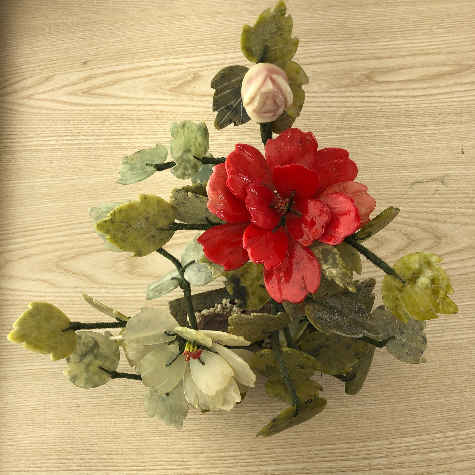 Vintage Chinese Bonsai Tree Jade & Pink Quartz Flowers 10”x11” ~ Nice