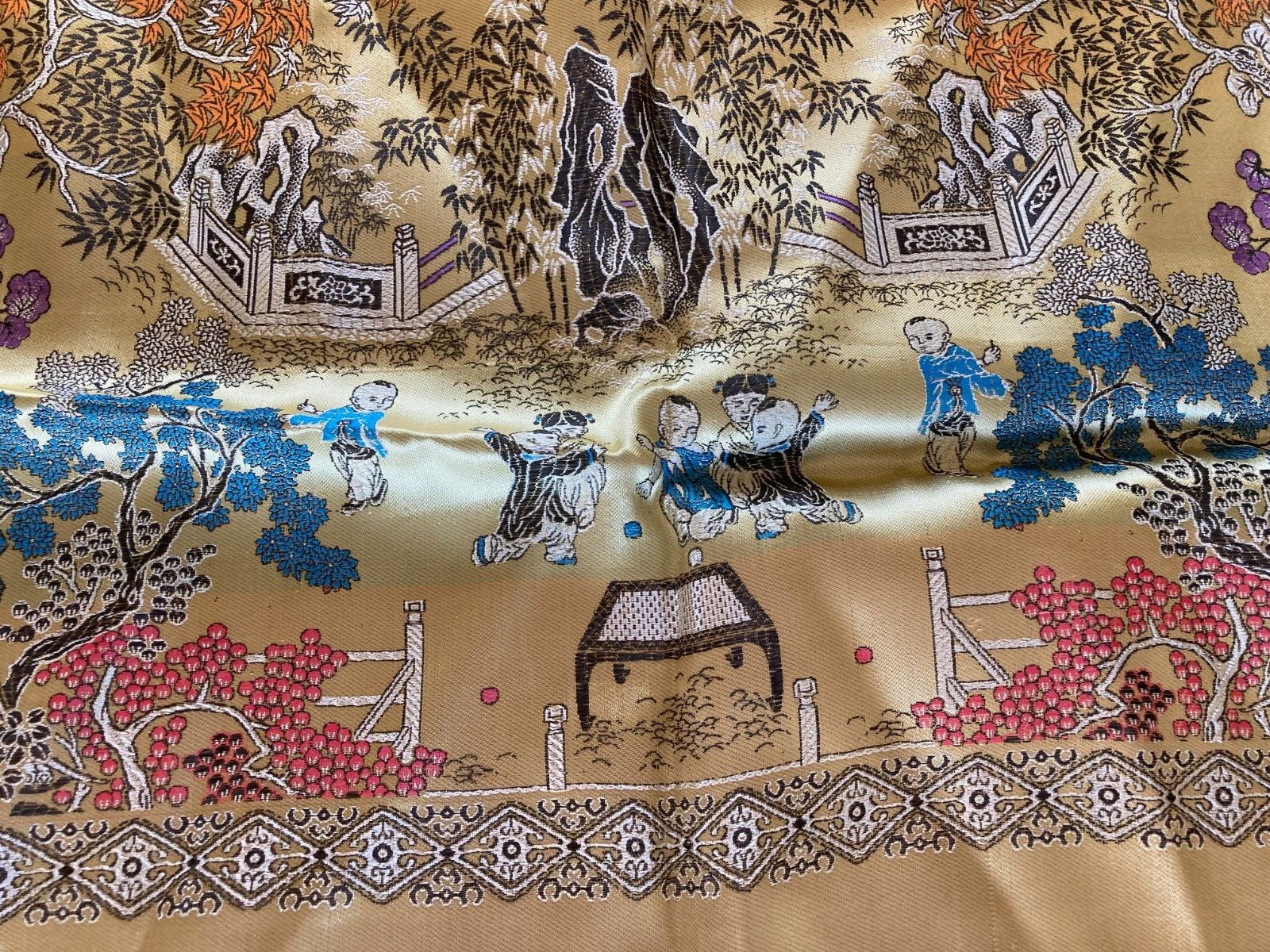Vintage Silk Satin Brocade Piano Shawl Gold 48″ Fringes Excellent WWII