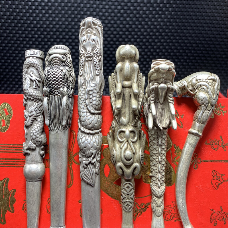 Tibetan Silver pipe Smoking Statue Sacred Dragon hand-made Tobacco rod 6pcs