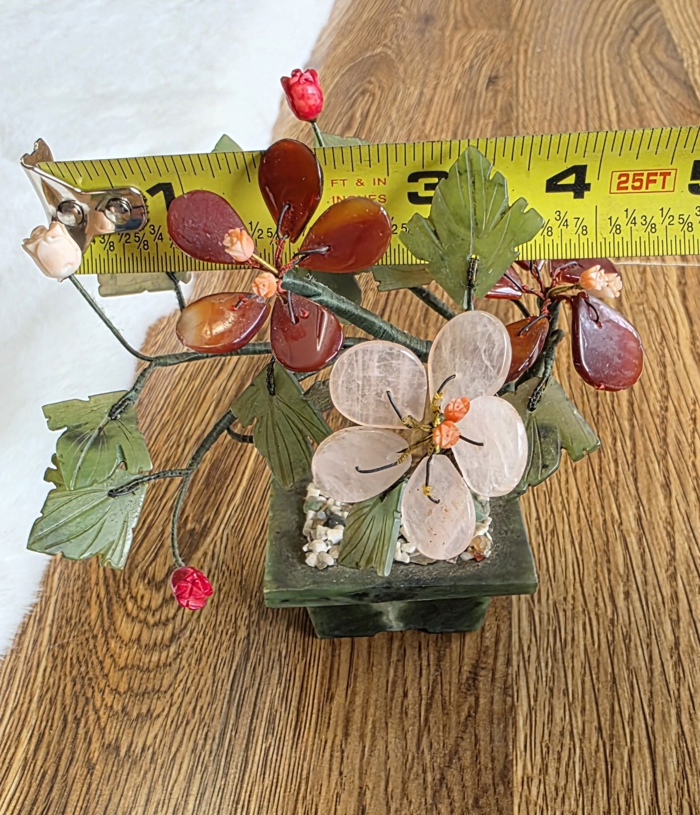 Small Hand Carved Chinese Jade & Semiprecious Stone Flower Bonsai Tree Figurine