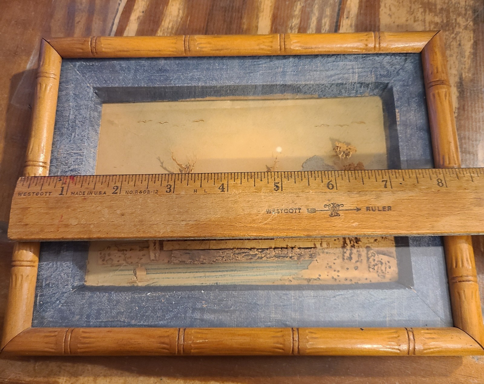 Vtg Chinese Hand Carved Cork Diorama Under Glass Frame Artwork 8.5×6.5″