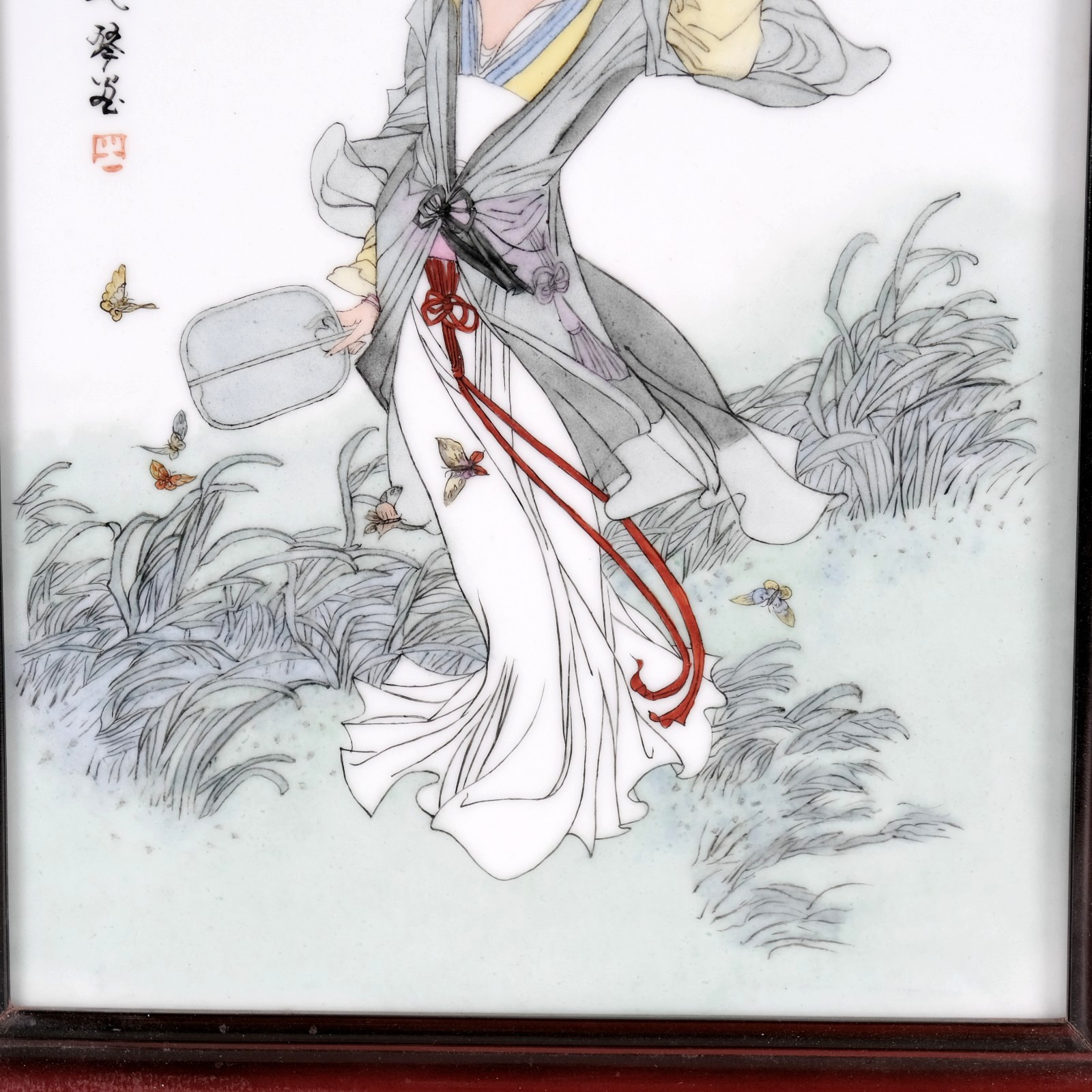 Asian Woman & Butterflies in Nature Framed Porcelain Painting after Hua Sanchuan