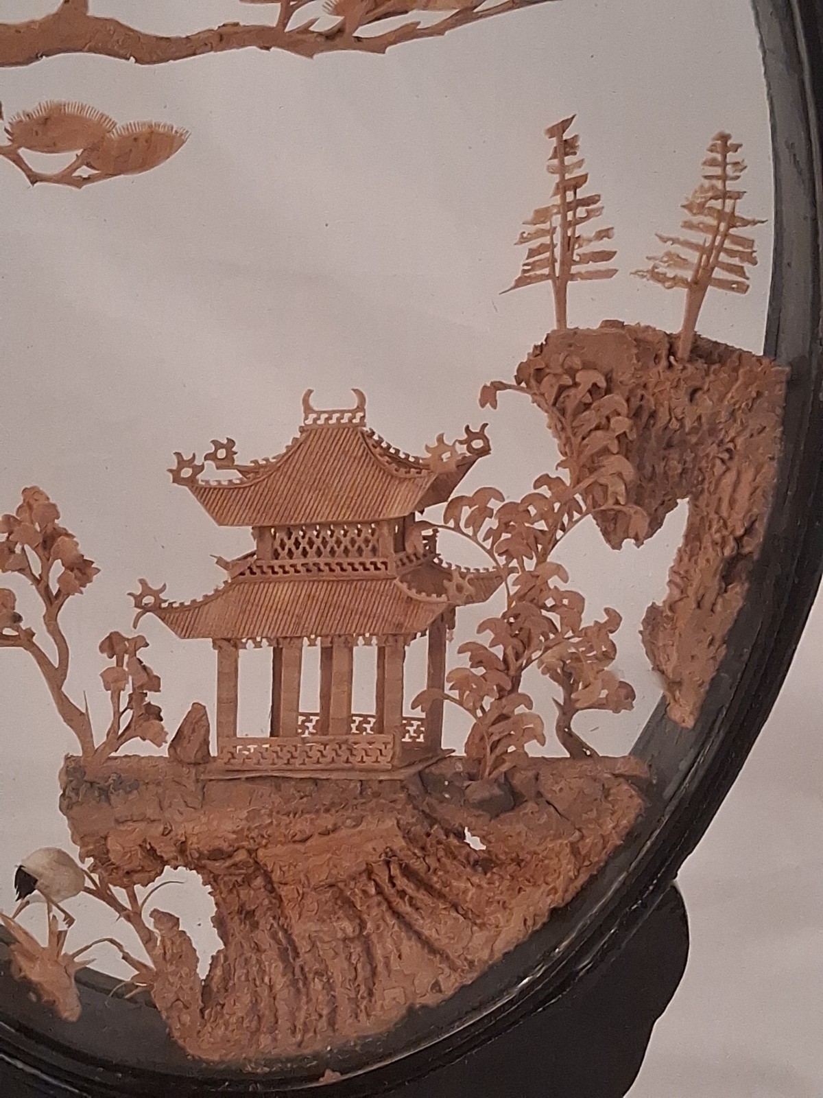 San You Chinese Carved Cork Diorama Glass Case Cranes Pagoda Trees 8 Inch