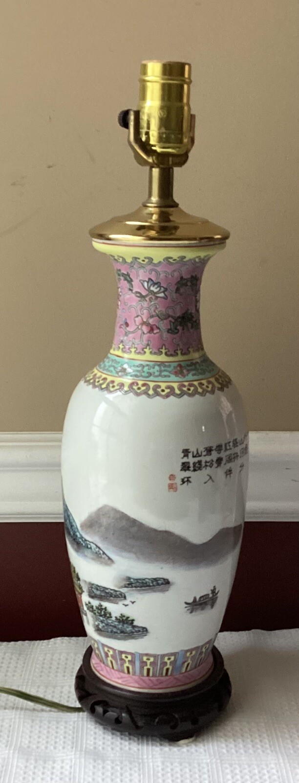Vintage Chinese Famille Rose Porcelain Landscape Vase Lamp Inscribed 17.25″