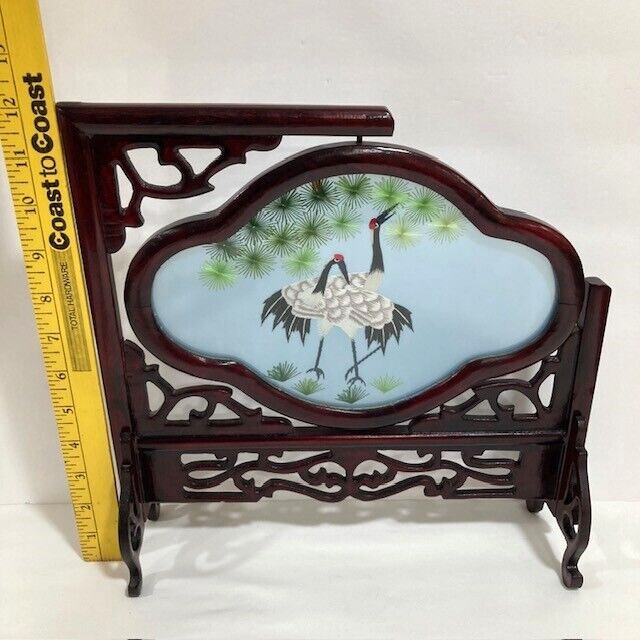 Chinese Oriental Asian 2 Sided Embroidered Cranes Screen Wooden Stand Holder