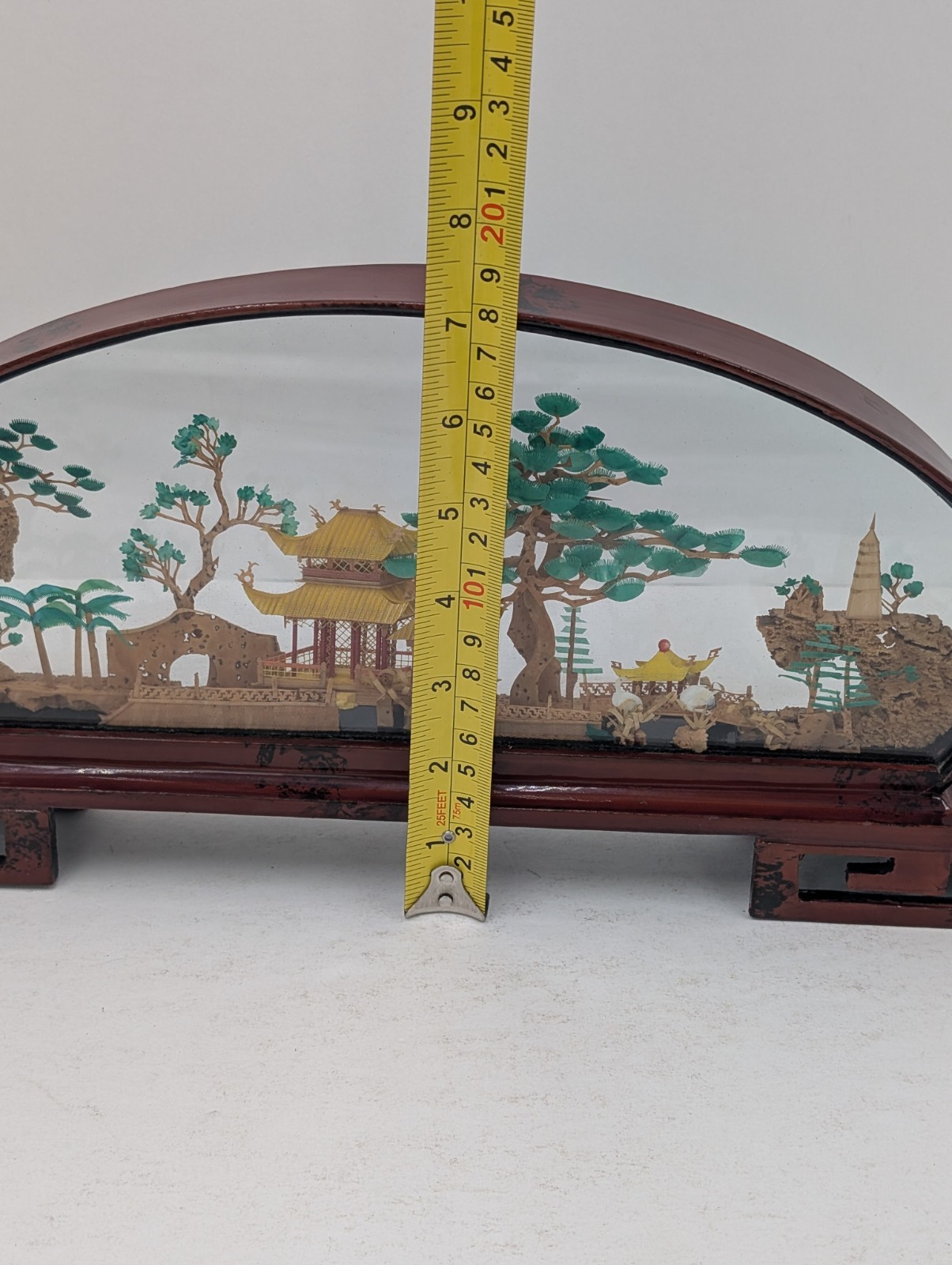Vintage Oval Chinese/Asian Cork Art Hand Made Lacquered Wood With Glass 14x7x2