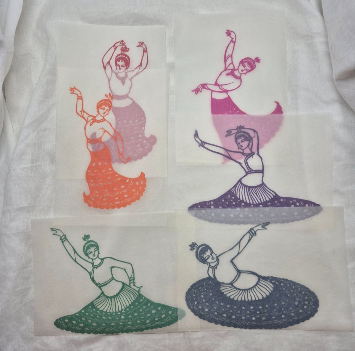 Unused Set of 6 Chinese Folk Art Paper cuts Peacock Dancing Girl Designed