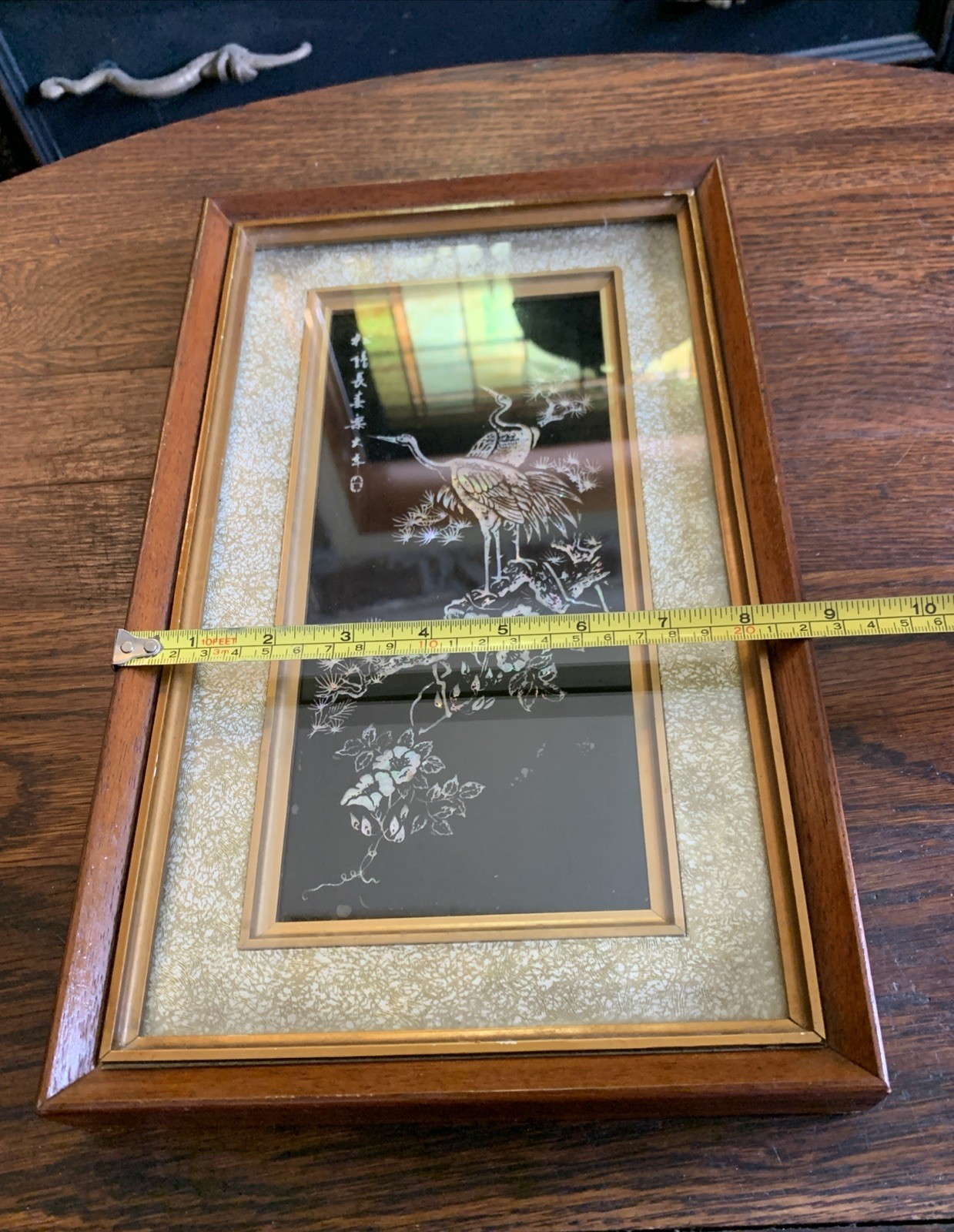 Vtg Asian Crane Birds Mother of Pearl & Abalone Shell Art Wood Framed 14.5”x8.75